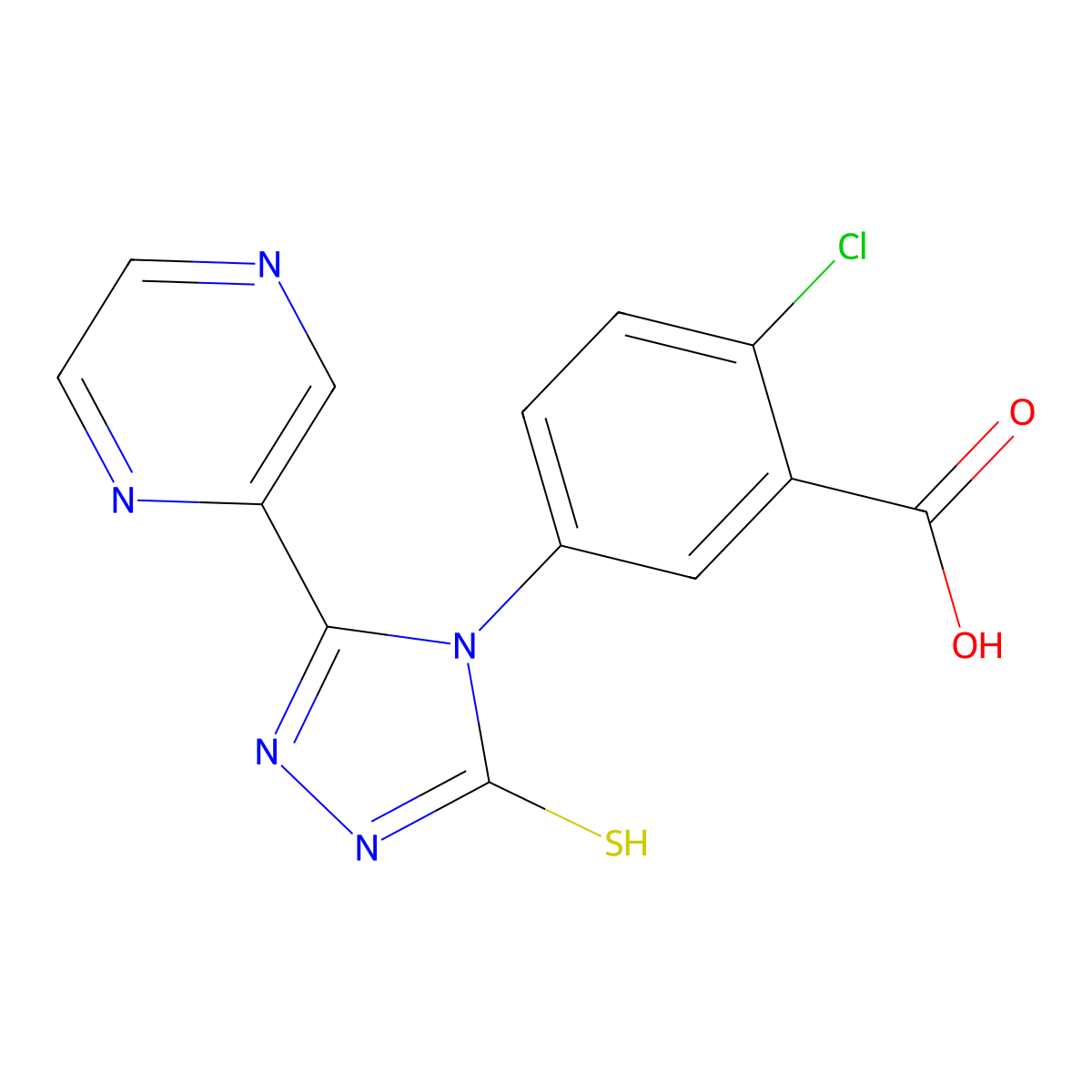 2-chloro-5-(3-pyrazin-2-yl-5-sulfanylidene-1H-1,2,4-triazol-4-yl)benzoic acid molecular structure, CAS 838880-91-4