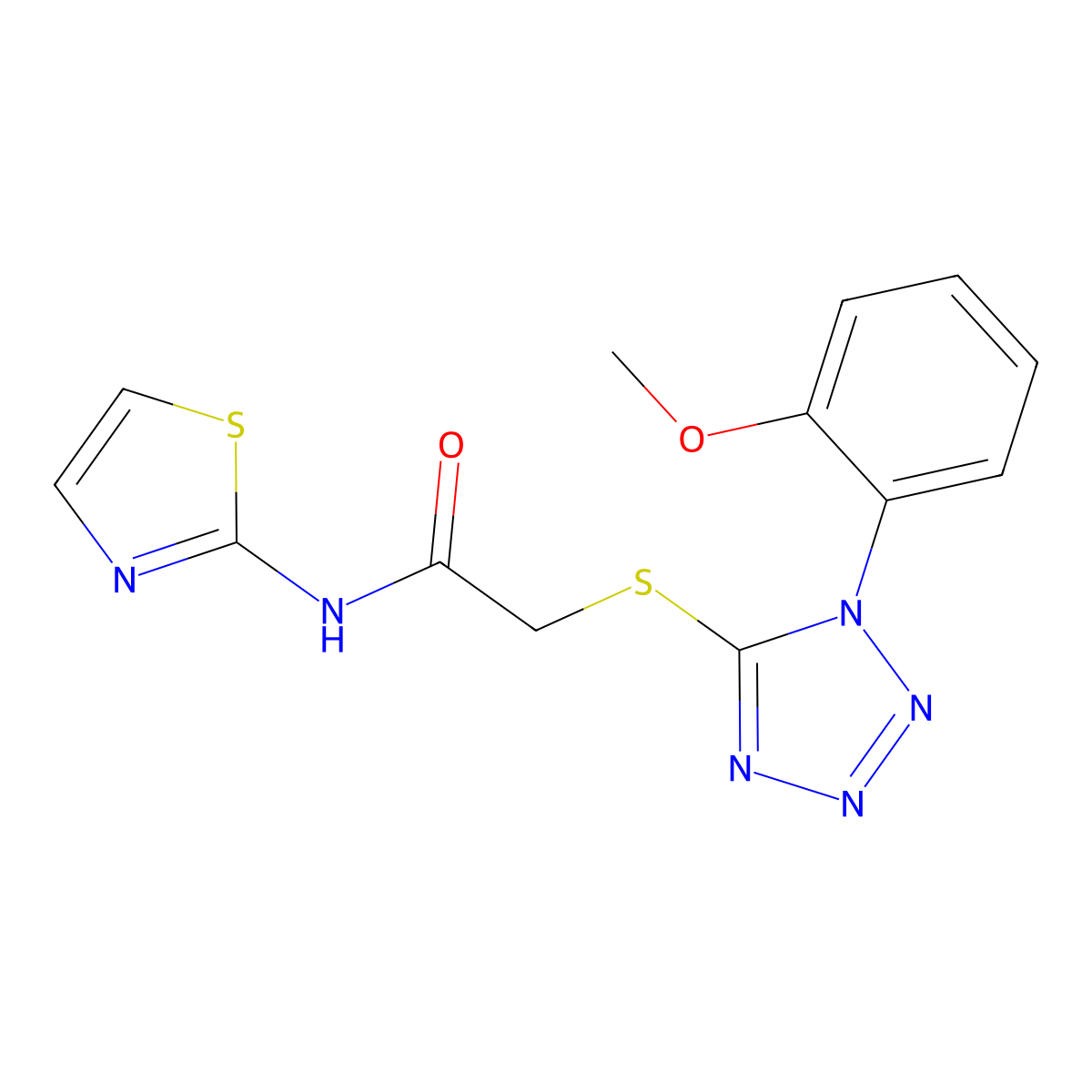 2-((1-(2-methoxyphenyl)-1H-tetrazol-5-yl)thio)-N-(thiazol-2-yl)acetamide molecular structure, CAS 838880-98-1