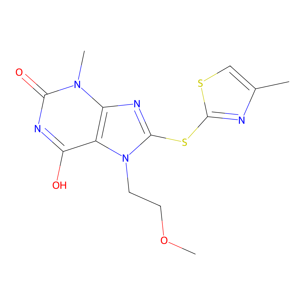 7-(2-Methoxyethyl)-3-methyl-8-[(4-methyl-1,3-thiazol-2-yl)sulfanyl]purine-2,6-dione molecular structure, CAS 838881-43-9