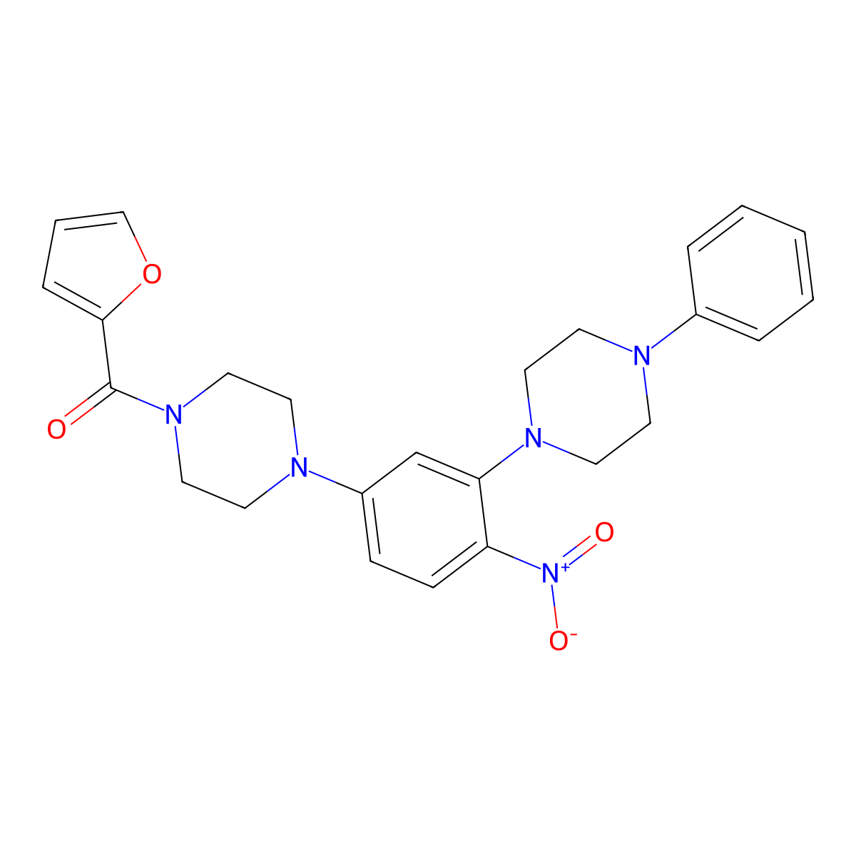 Furan-2-yl-[4-[4-nitro-3-(4-phenylpiperazin-1-yl)phenyl]piperazin-1-yl]methanone molecular structure, CAS 838881-49-5