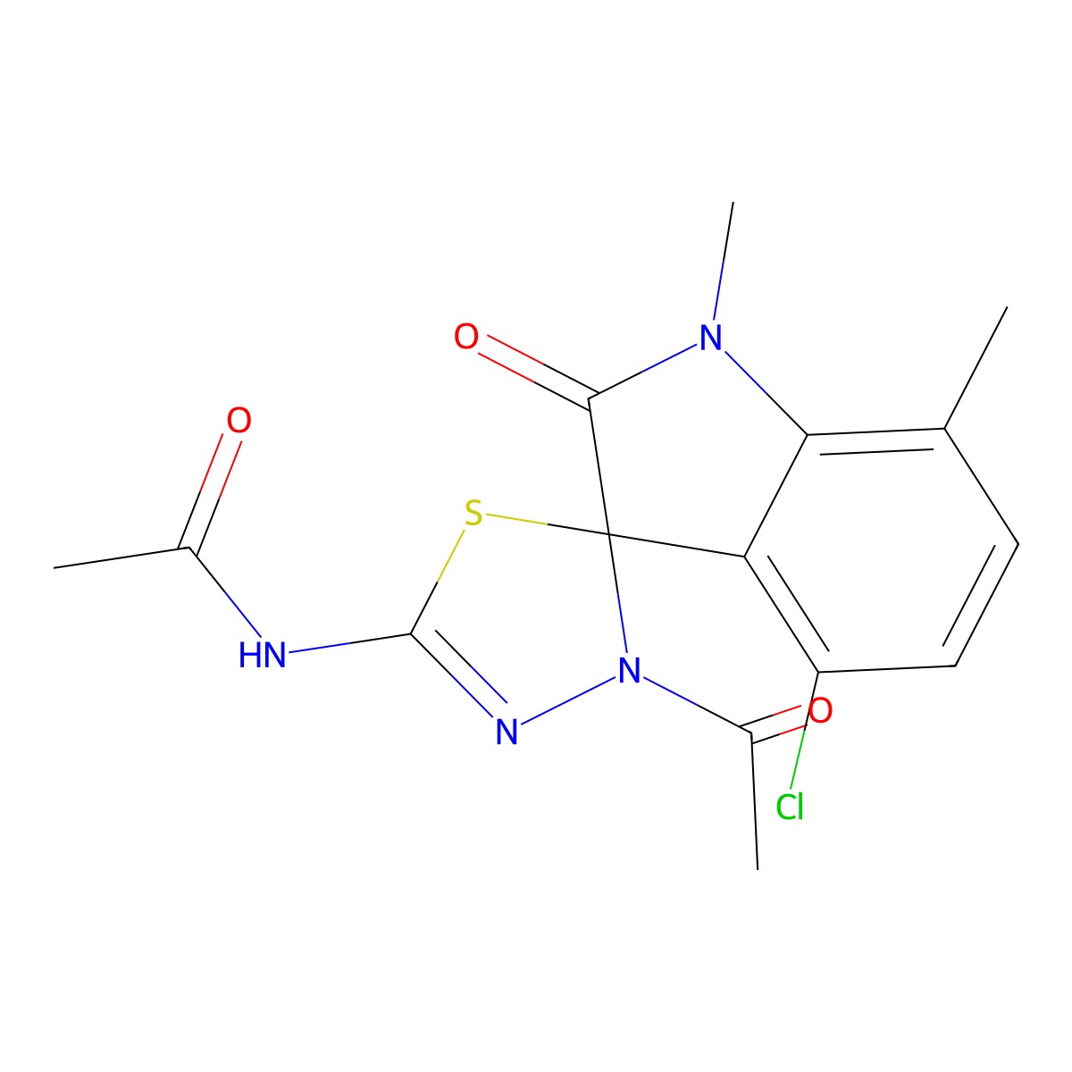 N-(4-acetyl-4'-chloro-1',7'-dimethyl-2'-oxospiro[1,3,4-thiadiazole-5,3'-indole]-2-yl)acetamide molecular structure, CAS 838881-57-5