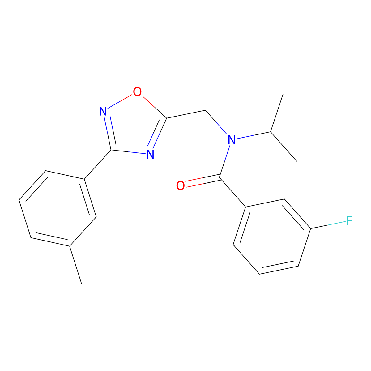 3-fluoro-N-[[3-(3-methylphenyl)-1,2,4-oxadiazol-5-yl]methyl]-N-propan-2-ylbenzamide molecular structure, CAS 838881-62-2