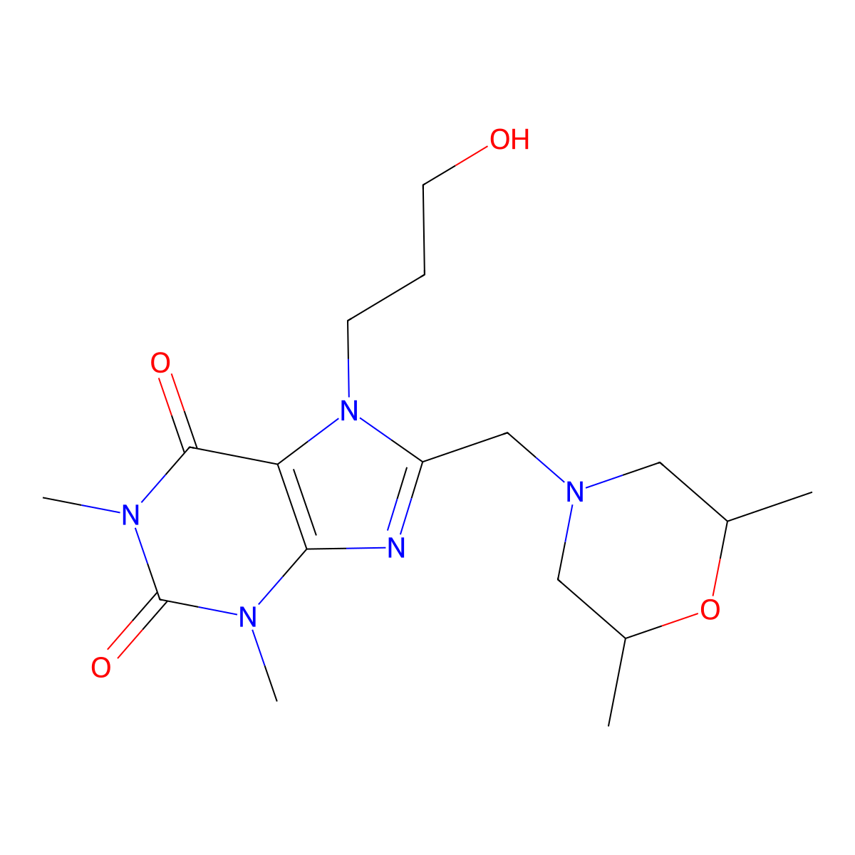 8-[(2,6-dimethylmorpholin-4-yl)methyl]-7-(3-hydroxypropyl)-1,3-dimethyl-3,7-dihydro-1H-purine-2,6-dione molecular structure, CAS 838881-75-7