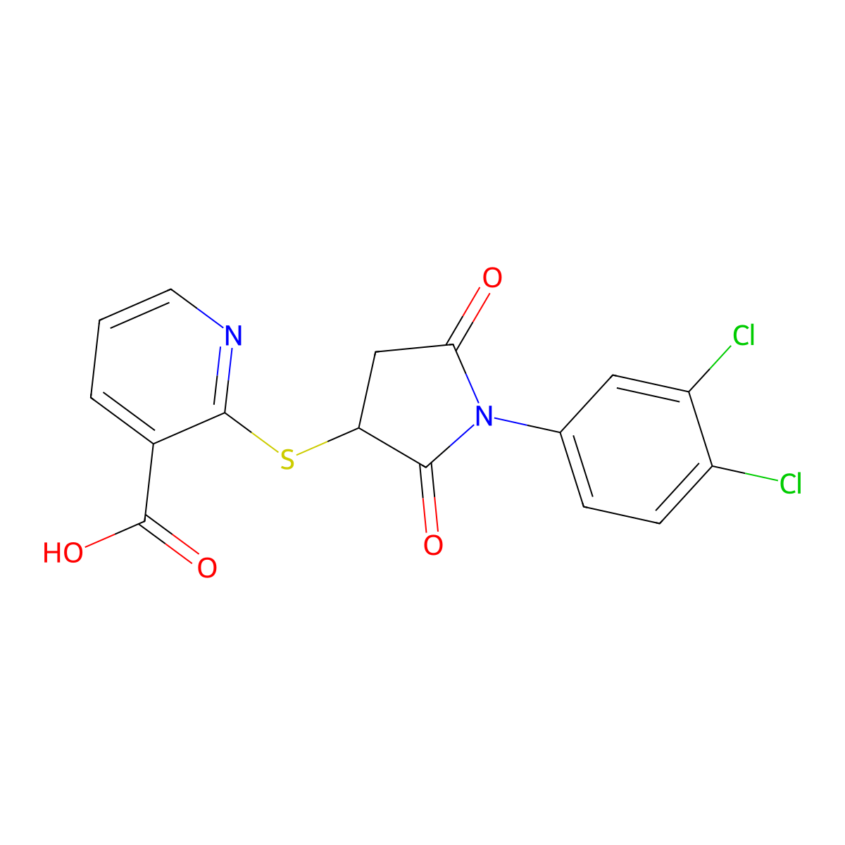 2-((1-(3,4-Dichlorophenyl)-2,5-dioxopyrrolidin-3-yl)thio)nicotinic acid molecular structure, CAS 838882-20-5