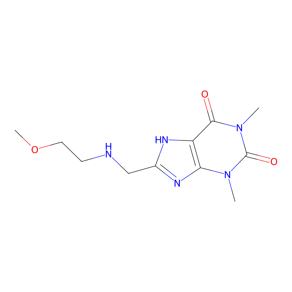8-(((2-methoxyethyl)amino)methyl)-1,3-dimethyl-1H-purine-2,6(3H,7H)-dione molecular structure, CAS 838884-59-6