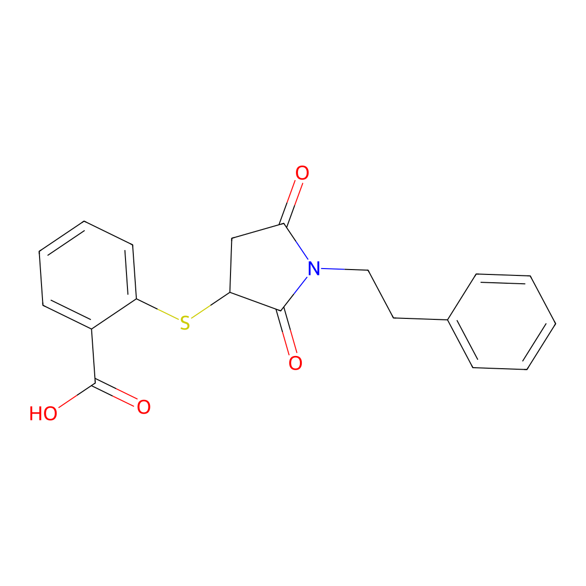 2-((2,5-Dioxo-1-phenethylpyrrolidin-3-yl)thio)benzoic acid molecular structure, CAS 838884-74-5