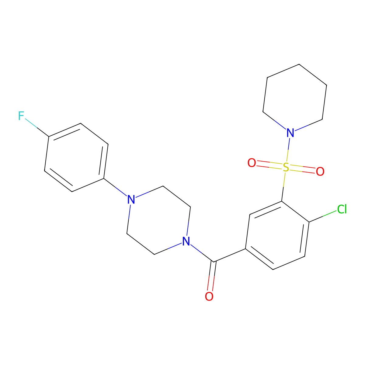 (4-Chloro-3-(piperidin-1-ylsulfonyl)phenyl)(4-(4-fluorophenyl)piperazin-1-yl)methanone molecular structure, CAS 838884-95-0