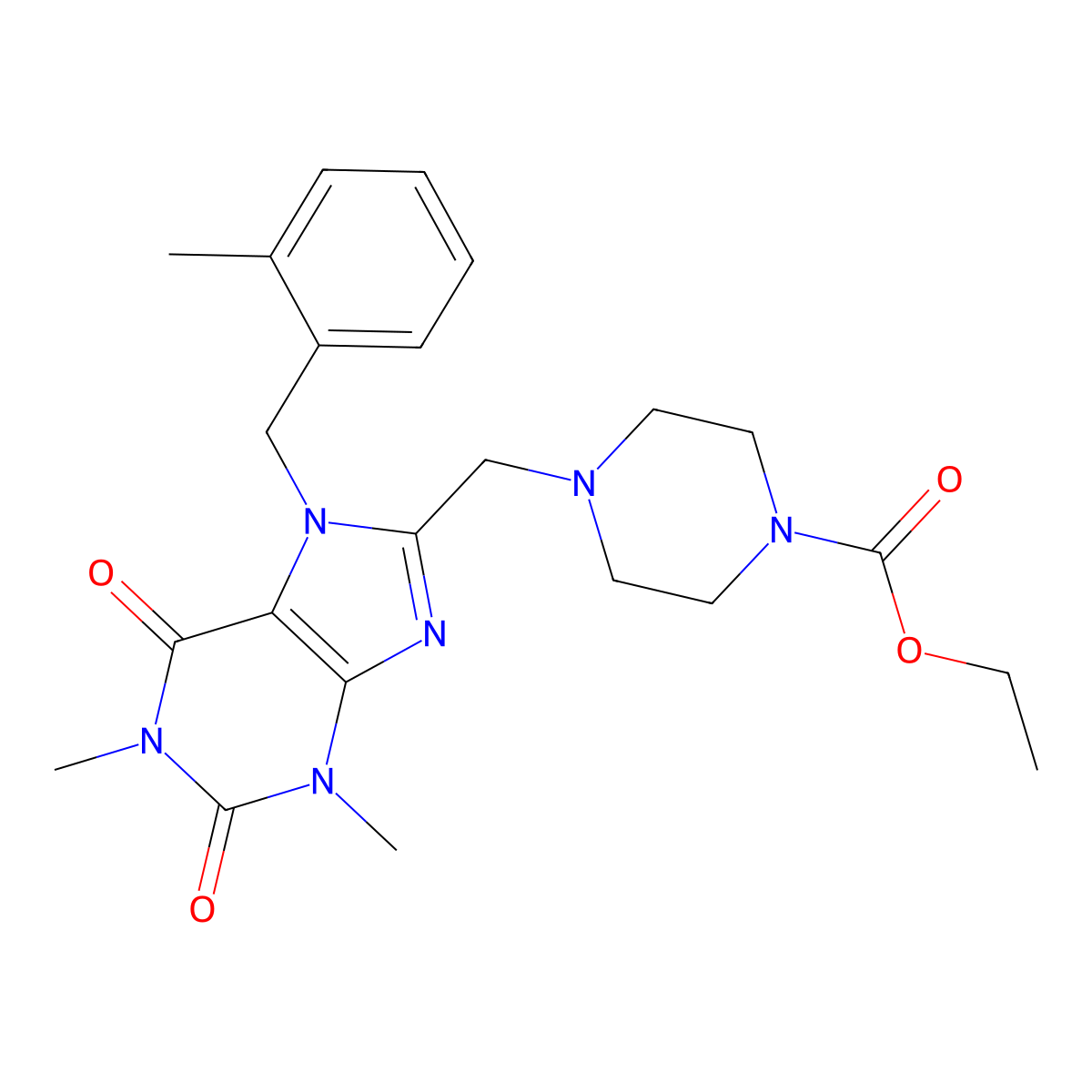 ethyl 4-({1,3-dimethyl-7-[(2-methylphenyl)methyl]-2,6-dioxo-2,3,6,7-tetrahydro-1H-purin-8-yl}methyl)piperazine-1-carboxylate molecular structure, CAS 838885-00-0