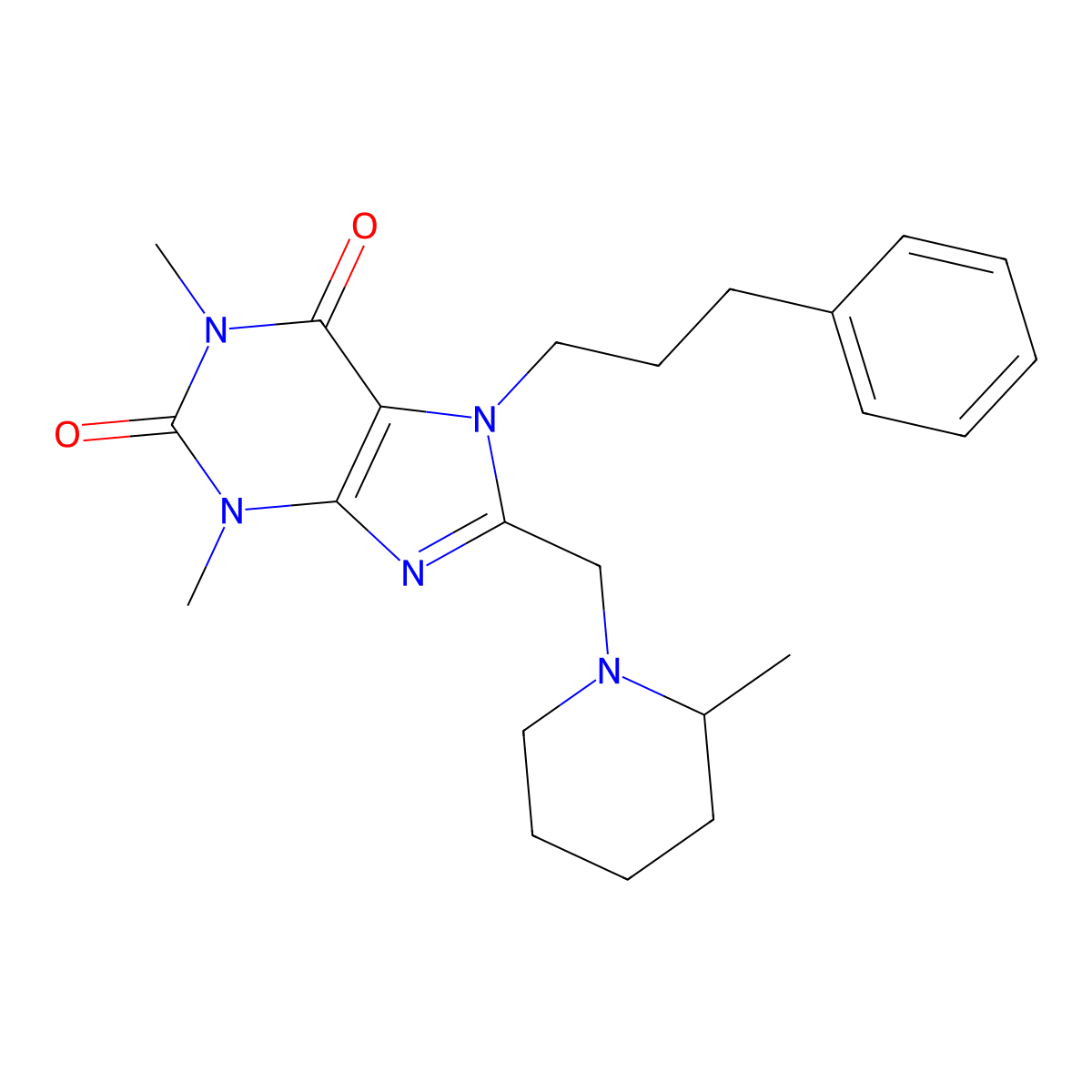 1,3-dimethyl-8-[(2-methylpiperidin-1-yl)methyl]-7-(3-phenylpropyl)-3,7-dihydro-1H-purine-2,6-dione molecular structure, CAS 838885-15-7