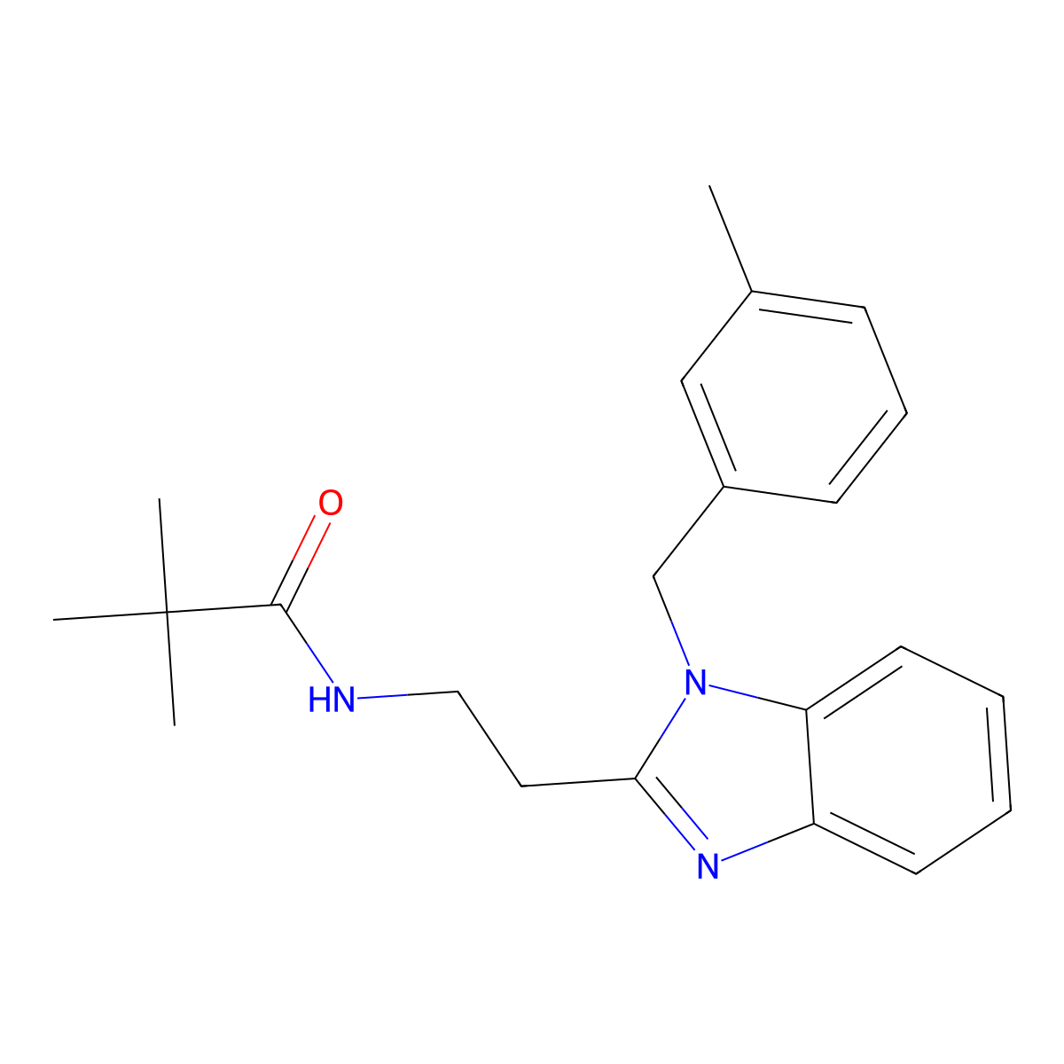 2,2-dimethyl-N-[2-[1-[(3-methylphenyl)methyl]benzimidazol-2-yl]ethyl]propanamide molecular structure, CAS 838885-18-0