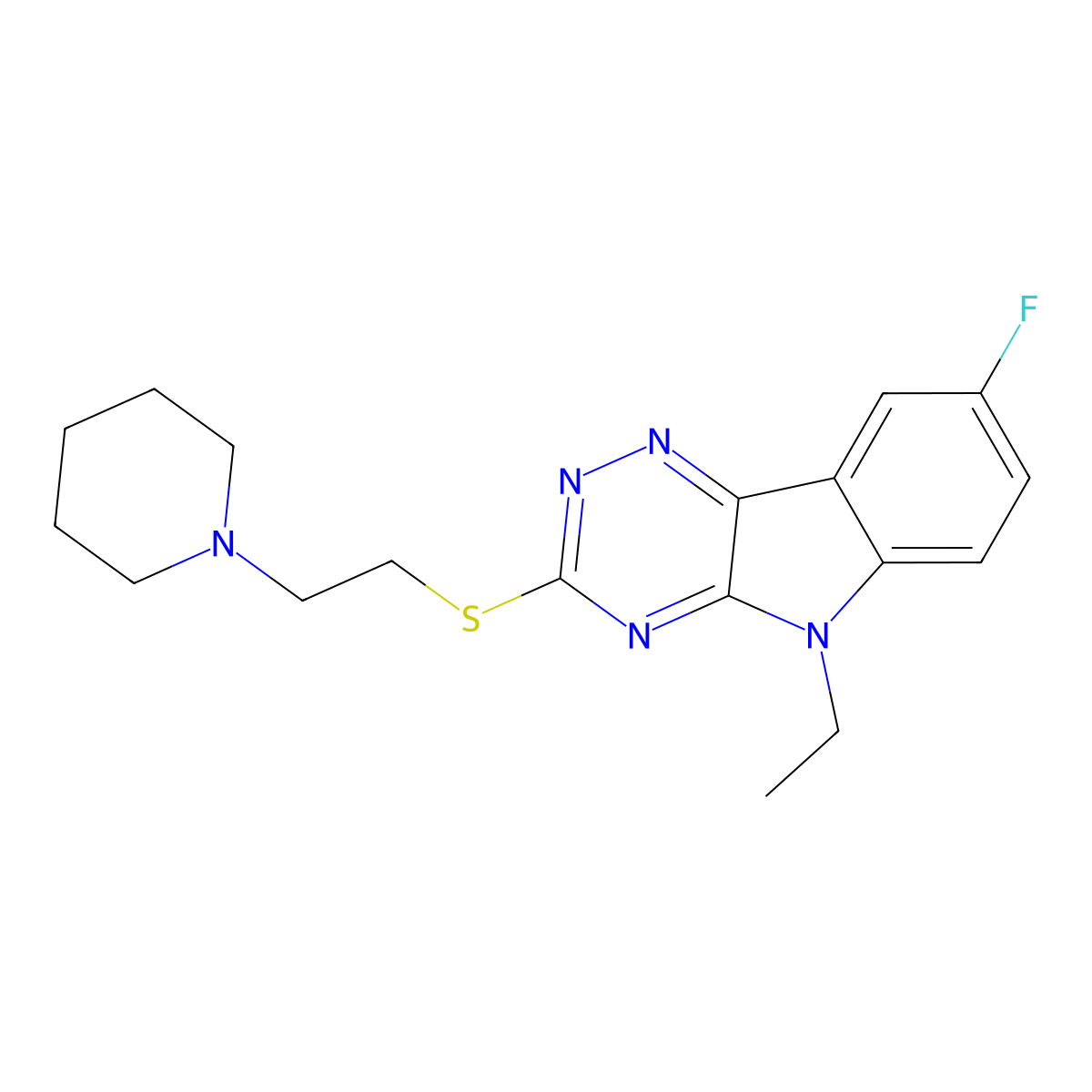 5-Ethyl-8-fluoro-3-(2-piperidin-1-ylethylsulfanyl)-[1,2,4]triazino[5,6-b]indole molecular structure, CAS 838885-29-3