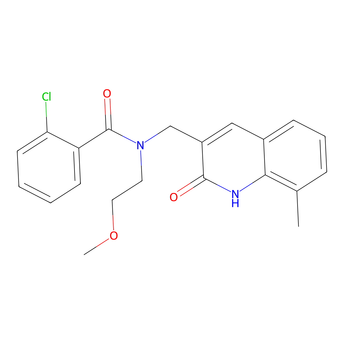 2-chloro-N-(2-methoxyethyl)-N-[(8-methyl-2-oxo-1H-quinolin-3-yl)methyl]benzamide molecular structure, CAS 838885-56-6