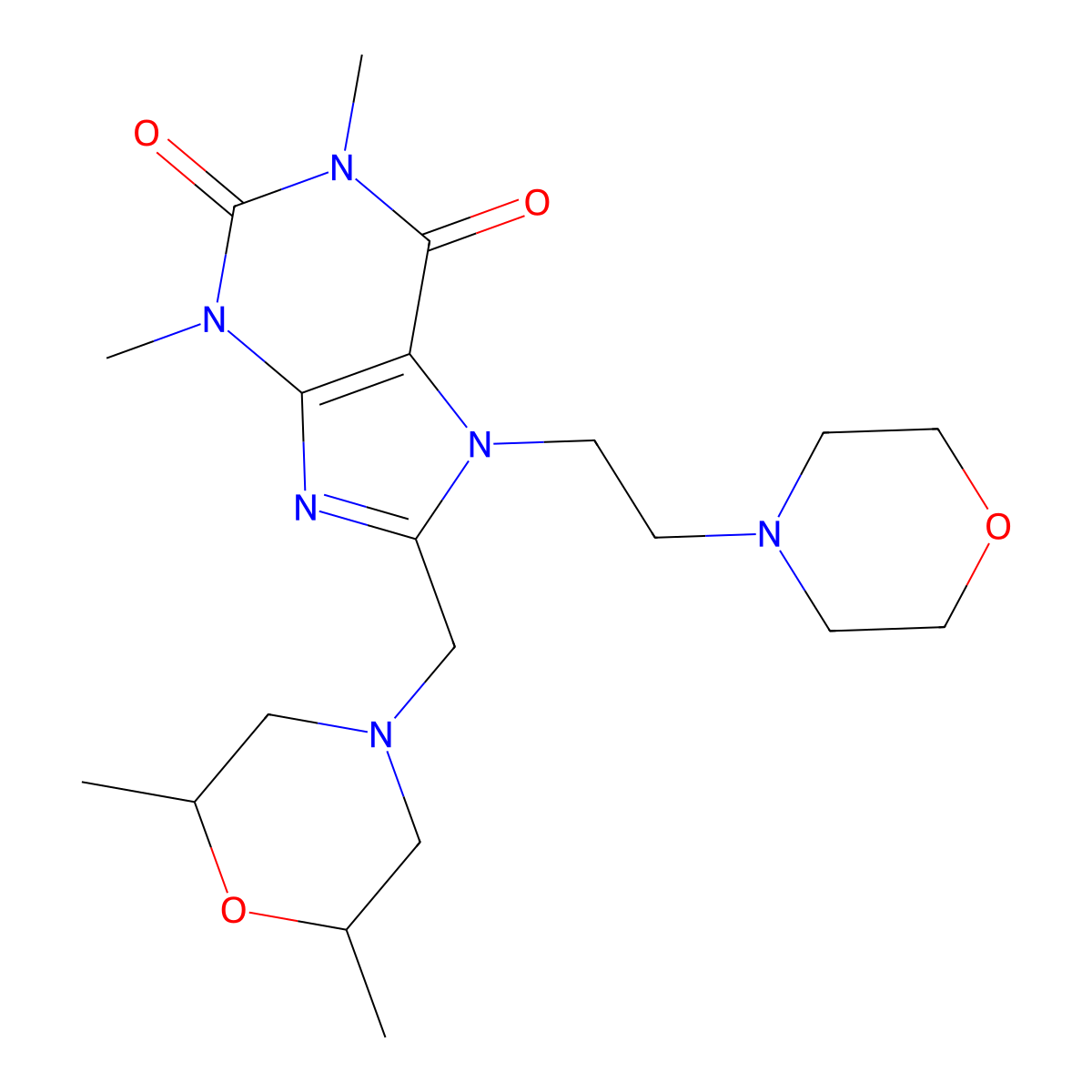 8-[(2,6-Dimethylmorpholin-4-yl)methyl]-1,3-dimethyl-7-(2-morpholin-4-ylethyl)purine-2,6-dione molecular structure, CAS 838886-07-0
