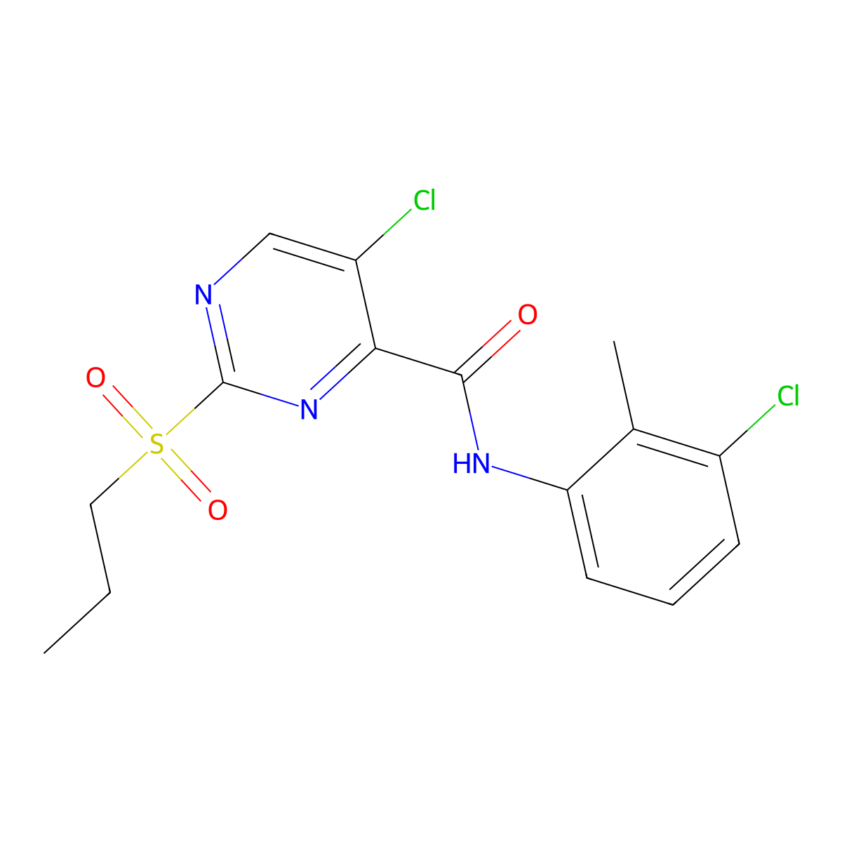 5-chloro-N-(3-chloro-2-methylphenyl)-2-propylsulfonylpyrimidine-4-carboxamide molecular structure, CAS 838886-38-7