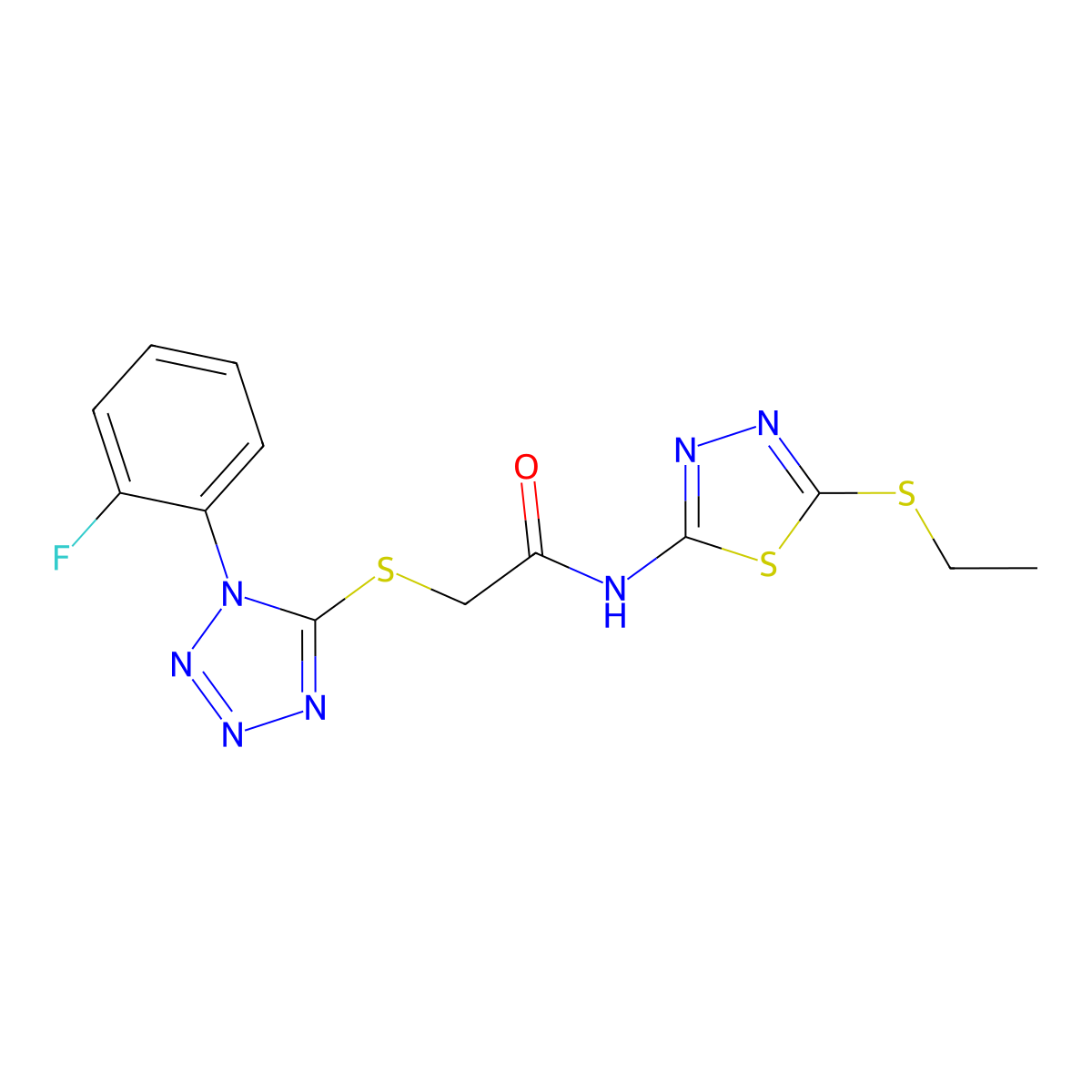 N-(5-(ethylthio)-1,3,4-thiadiazol-2-yl)-2-((1-(2-fluorophenyl)-1H-tetrazol-5-yl)thio)acetamide molecular structure, CAS 838887-03-9