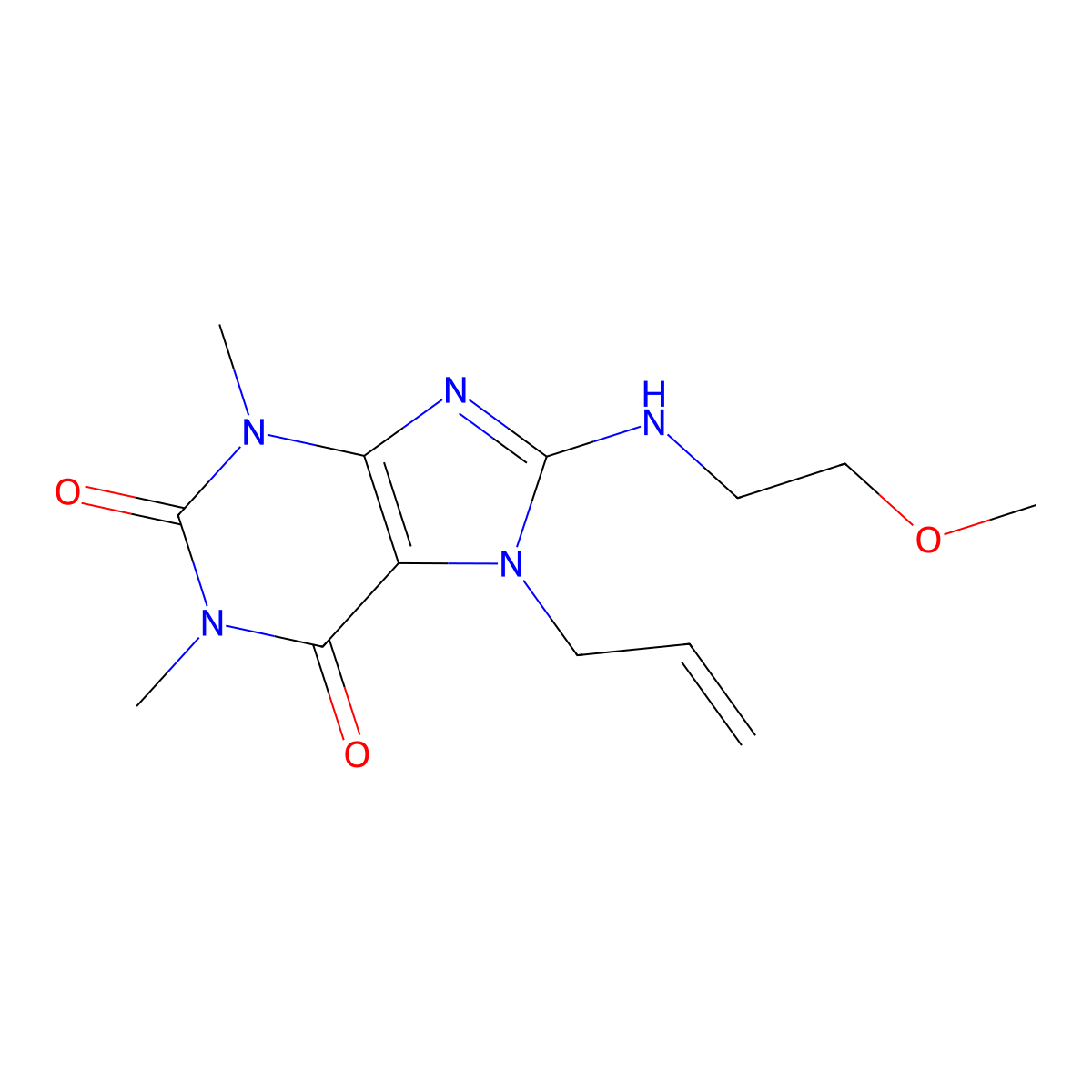 7-allyl-8-((2-methoxyethyl)amino)-1,3-dimethyl-1H-purine-2,6(3H,7H)-dione molecular structure, CAS 838887-83-5