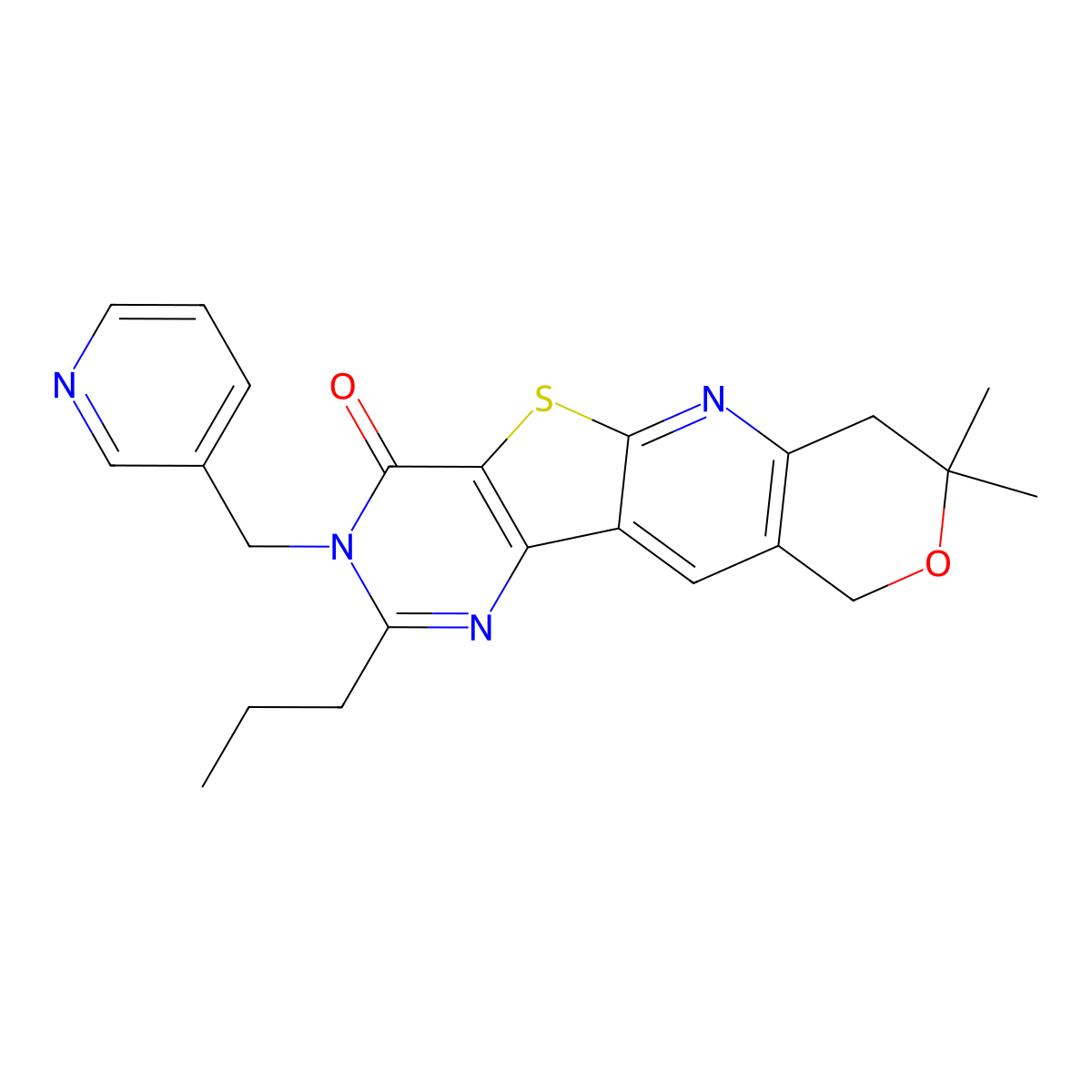 8,8-dimethyl-2-propyl-3-(pyridin-3-ylmethyl)-7,8-dihydro-3H-pyrano[3'',4'':5',6']pyrido[3',2':4,5]thieno[3,2-d]pyrimidin-4(10H)-one molecular structure, CAS 838889-37-5