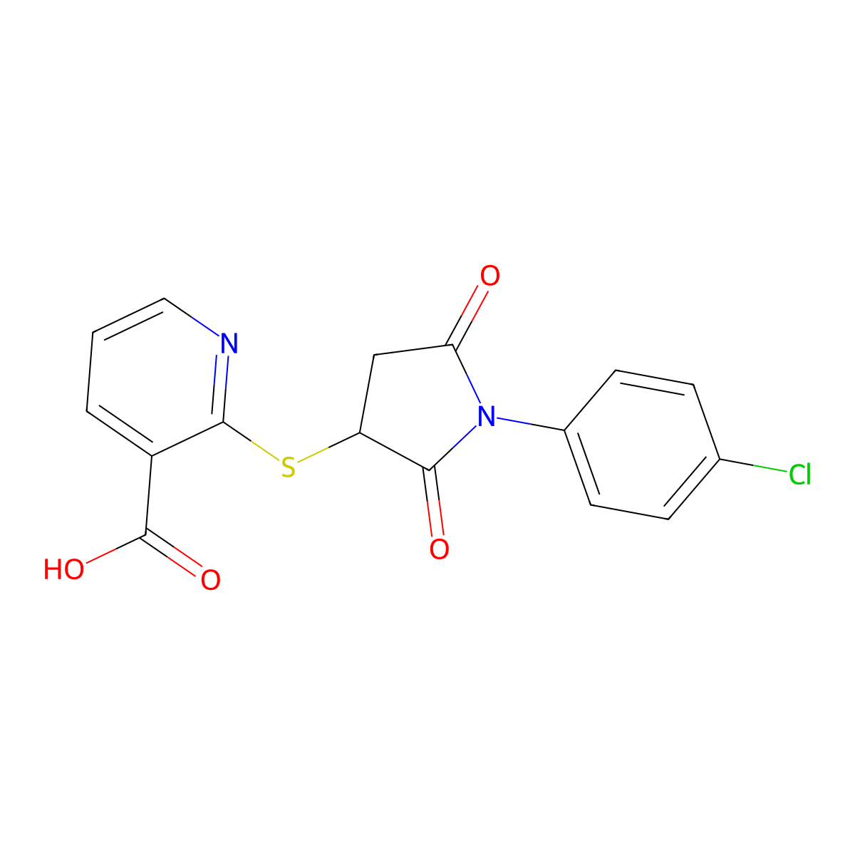 2-((1-(4-Chlorophenyl)-2,5-dioxopyrrolidin-3-yl)thio)nicotinic acid molecular structure, CAS 838890-59-8