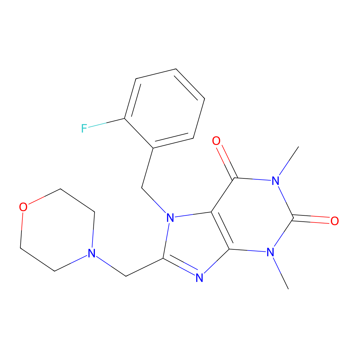 7-(2-fluorobenzyl)-1,3-dimethyl-8-(morpholin-4-ylmethyl)-3,7-dihydro-1H-purine-2,6-dione molecular structure, CAS 838891-36-4