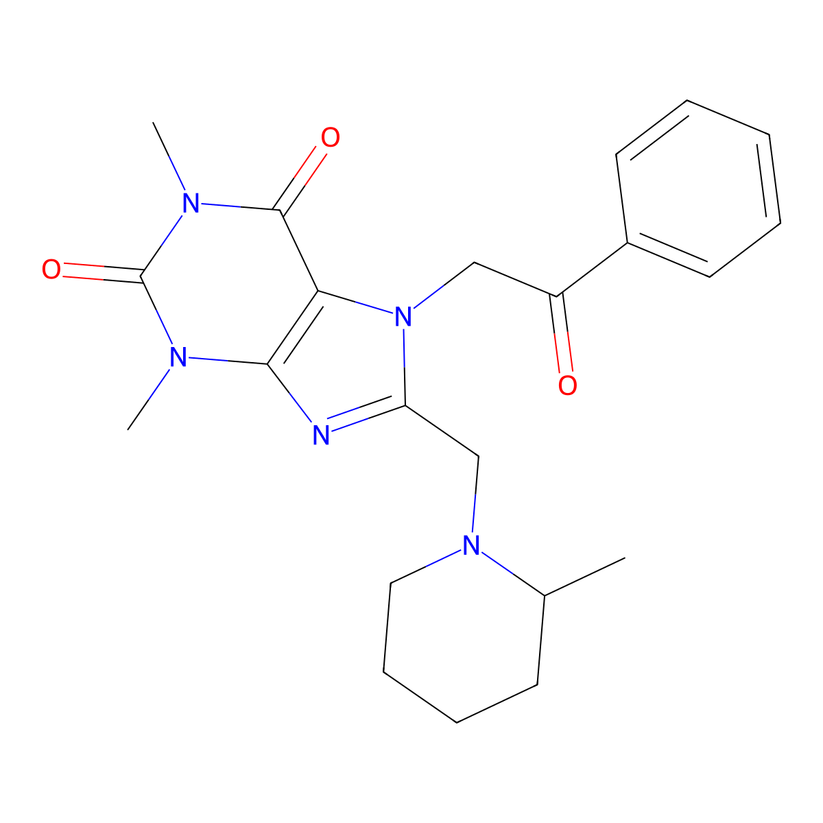1,3-dimethyl-8-[(2-methylpiperidin-1-yl)methyl]-7-(2-oxo-2-phenylethyl)-3,7-dihydro-1H-purine-2,6-dione molecular structure, CAS 838893-39-3