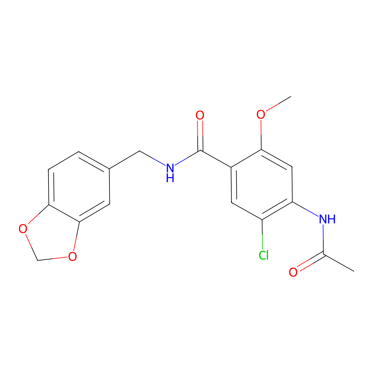 4-acetamido-N-(1,3-benzodioxol-5-ylmethyl)-5-chloro-2-methoxybenzamide molecular structure, CAS 838893-68-8