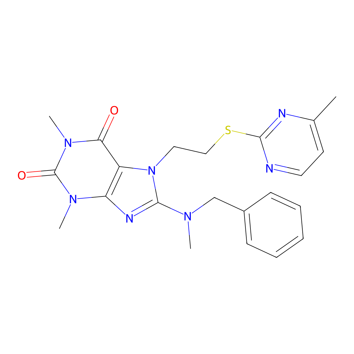 8-(benzyl(methyl)amino)-1,3-dimethyl-7-(2-((4-methylpyrimidin-2-yl)thio)ethyl)-1H-purine-2,6(3H,7H)-dione molecular structure, CAS 838893-79-1