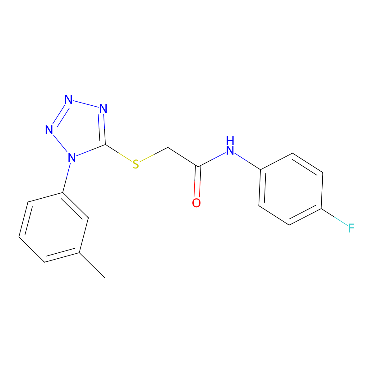 N-(4-fluorophenyl)-2-[1-(3-methylphenyl)tetrazol-5-yl]sulfanylacetamide molecular structure, CAS 838894-07-8