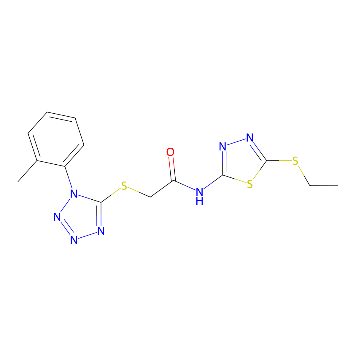 N-(5-(ethylthio)-1,3,4-thiadiazol-2-yl)-2-((1-(o-tolyl)-1H-tetrazol-5-yl)thio)acetamide molecular structure, CAS 838894-38-5