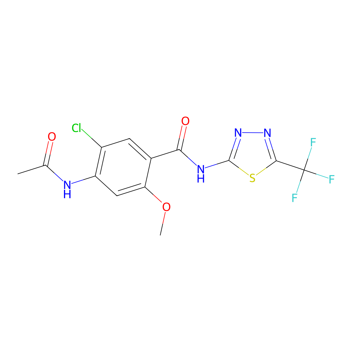 4-acetamido-5-chloro-2-methoxy-N-[5-(trifluoromethyl)-1,3,4-thiadiazol-2-yl]benzamide molecular structure, CAS 838894-82-9