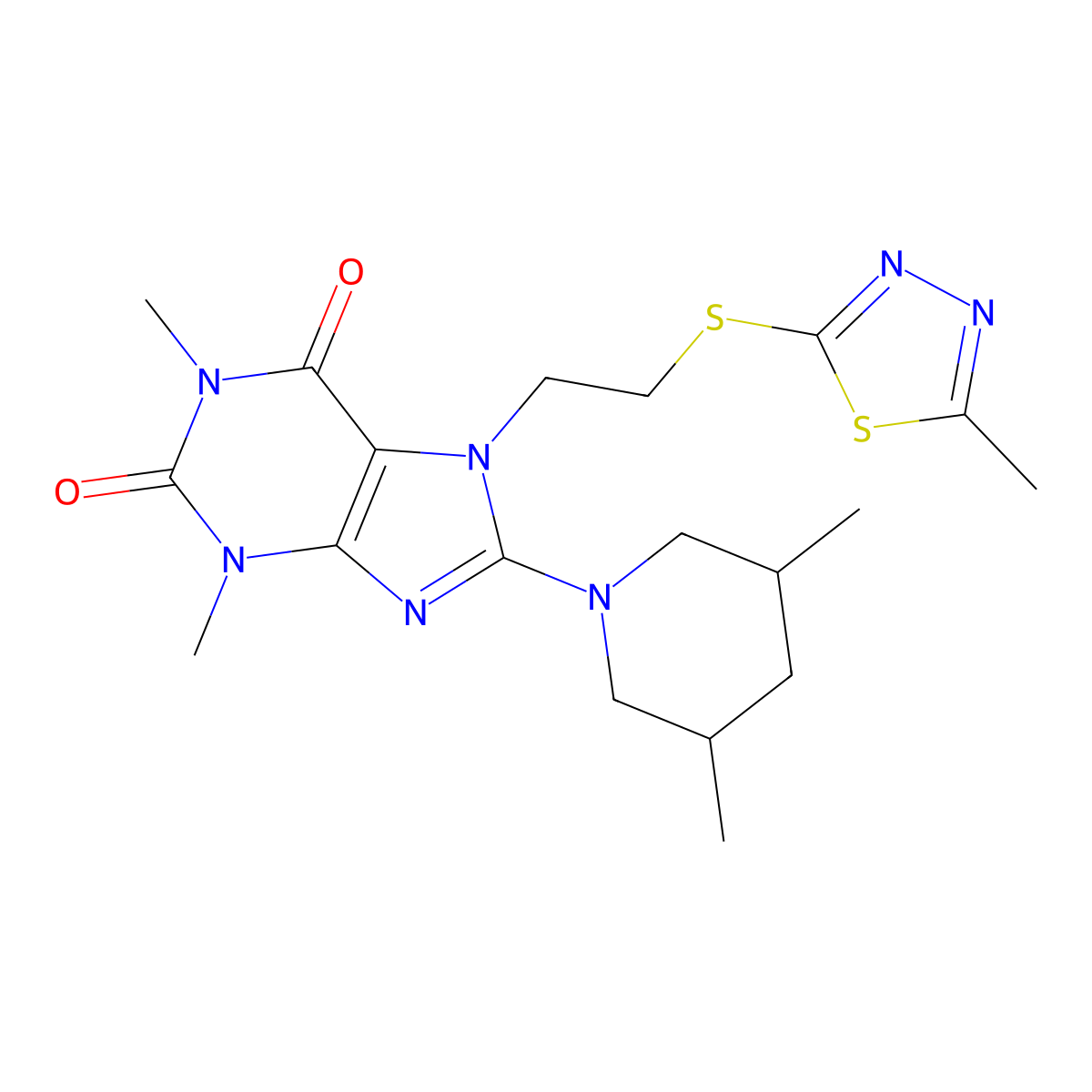 8-(3,5-dimethylpiperidin-1-yl)-1,3-dimethyl-7-(2-((5-methyl-1,3,4-thiadiazol-2-yl)thio)ethyl)-1H-purine-2,6(3H,7H)-dione molecular structure, CAS 838896-61-0