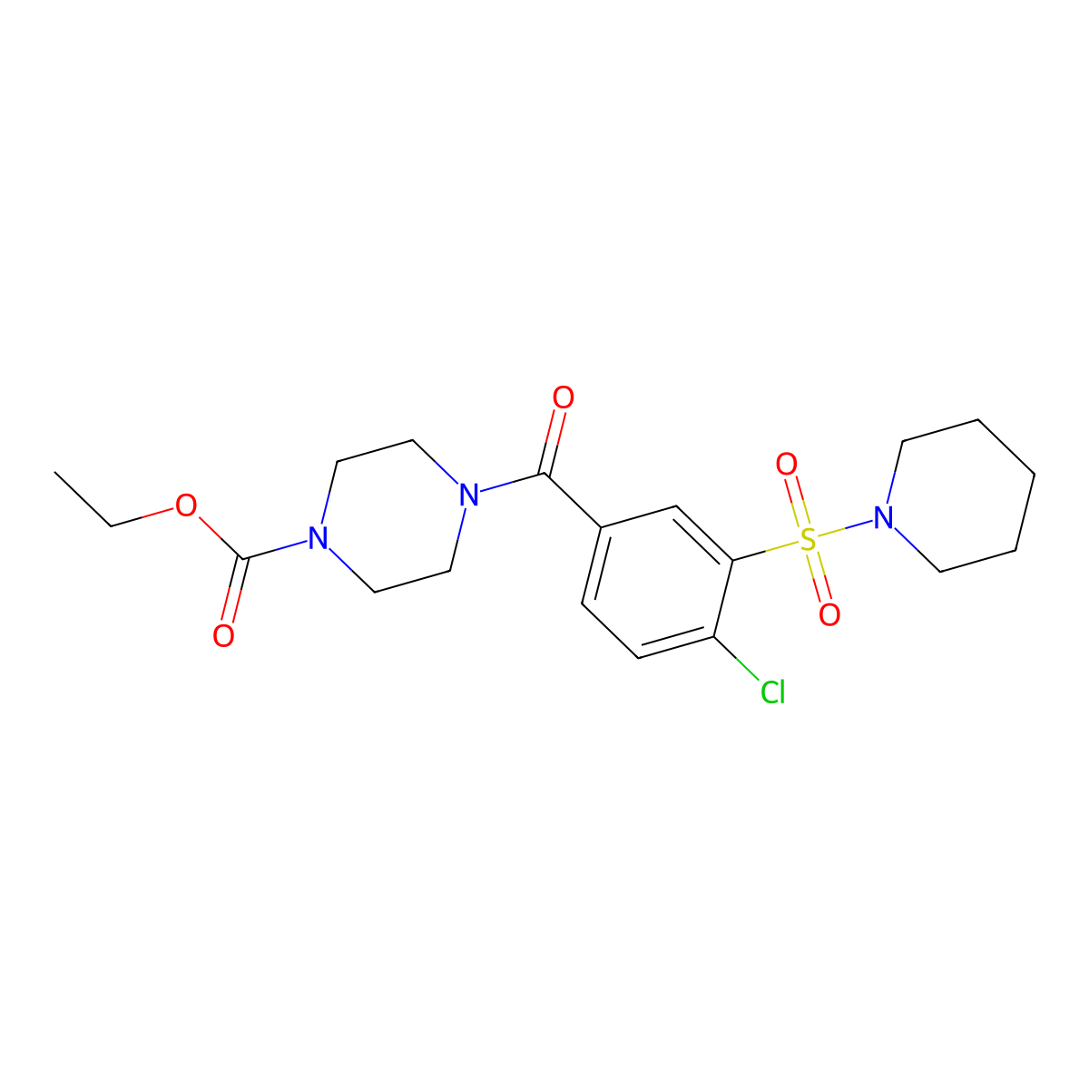 Ethyl 4-{[4-chloro-3-(piperidylsulfonyl)phenyl]carbonyl}piperazinecarboxylate molecular structure, CAS 838896-92-7