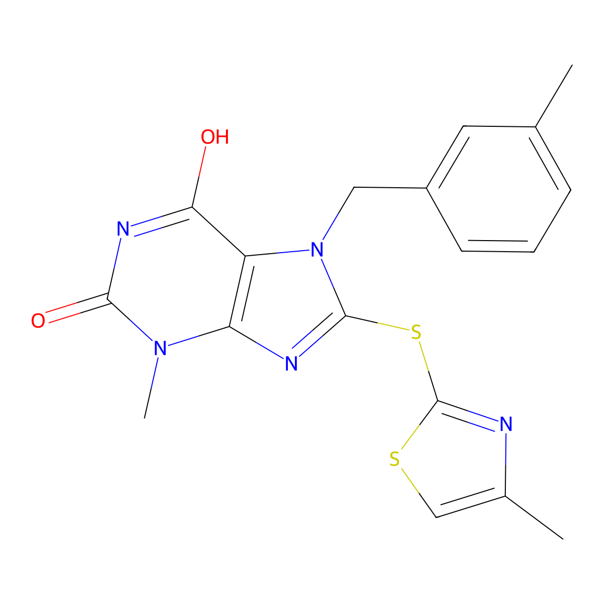 3-methyl-7-(3-methylbenzyl)-8-((4-methylthiazol-2-yl)thio)-1H-purine-2,6(3H,7H)-dione molecular structure, CAS 838897-60-2