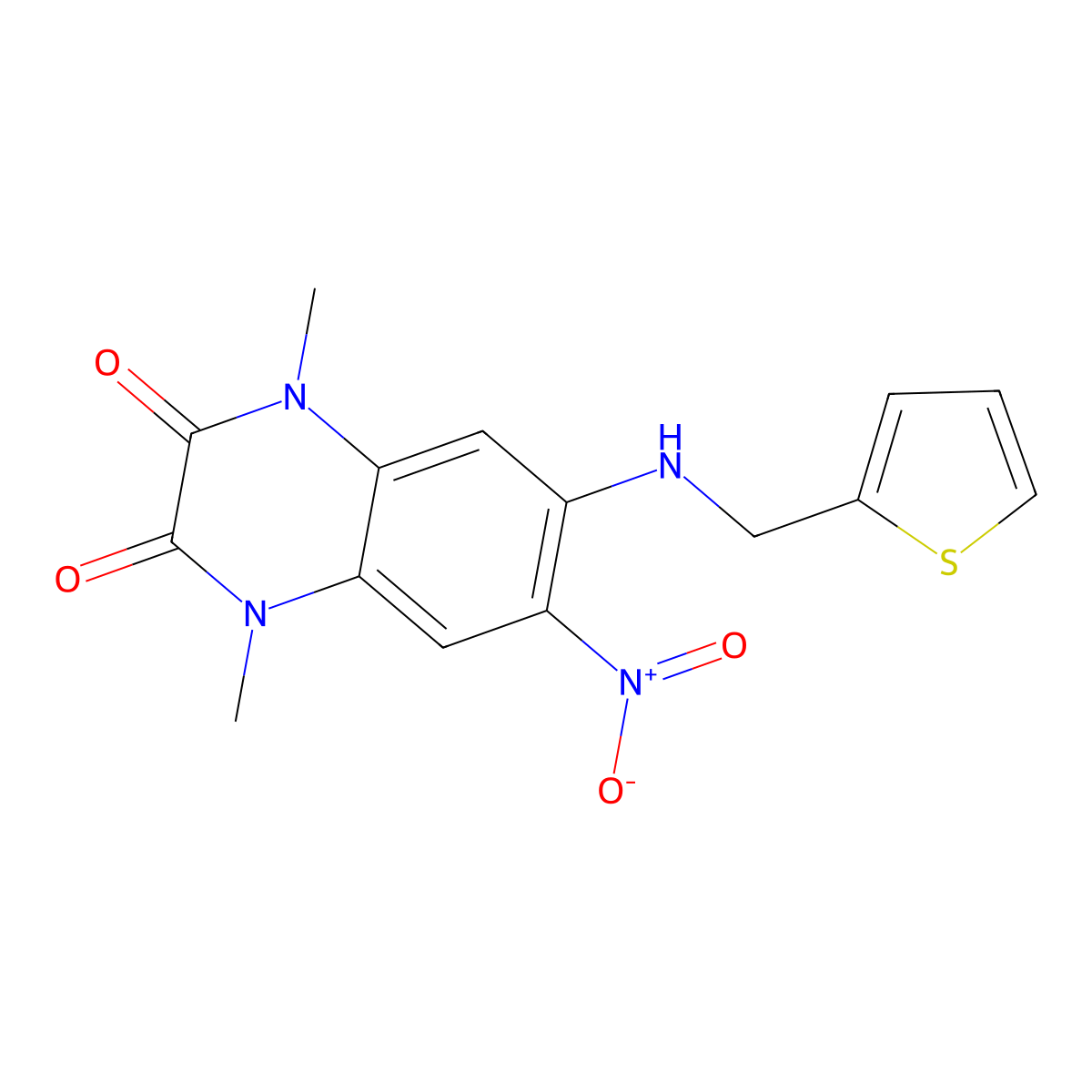 1,4-Dimethyl-6-nitro-7-(thiophen-2-ylmethylamino)quinoxaline-2,3-dione molecular structure, CAS 838898-42-3