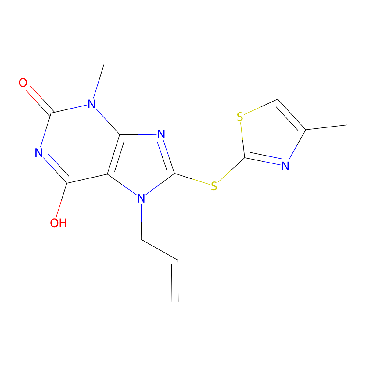 3-methyl-8-[(4-methyl-1,3-thiazol-2-yl)sulfanyl]-7-(prop-2-en-1-yl)-2,3,6,7-tetrahydro-1H-purine-2,6-dione molecular structure, CAS 838898-91-2