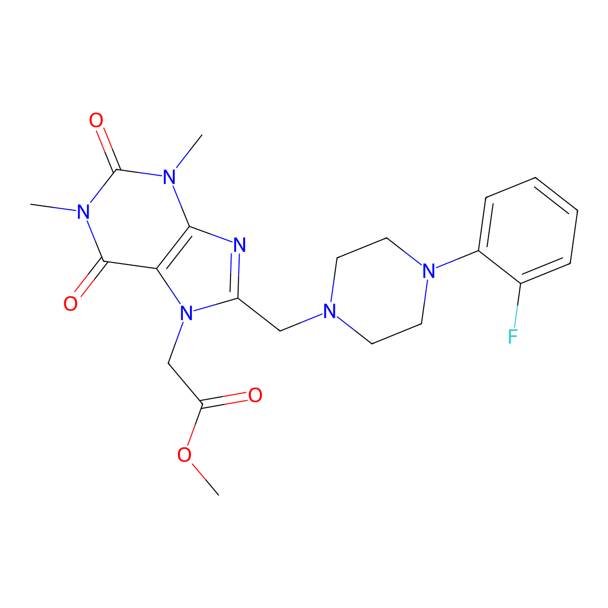 methyl (8-{[4-(2-fluorophenyl)piperazin-1-yl]methyl}-1,3-dimethyl-2,6-dioxo-1,2,3,6-tetrahydro-7H-purin-7-yl)acetate molecular structure, CAS 838899-16-4