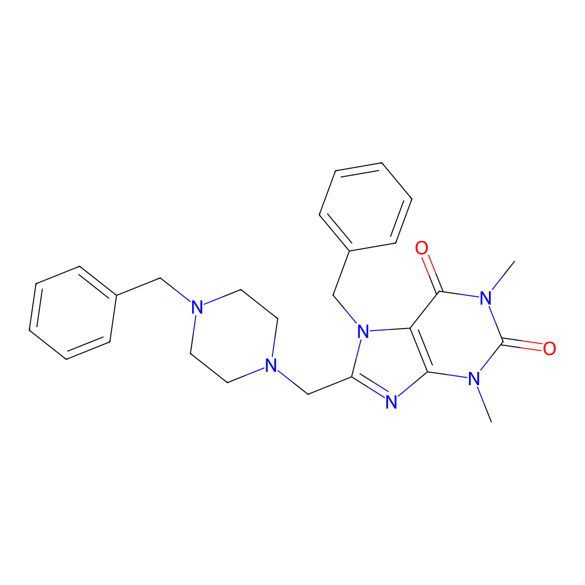 7-Benzyl-8-[(4-benzylpiperazin-1-yl)methyl]-1,3-dimethylpurine-2,6-dione molecular structure, CAS 838899-62-0