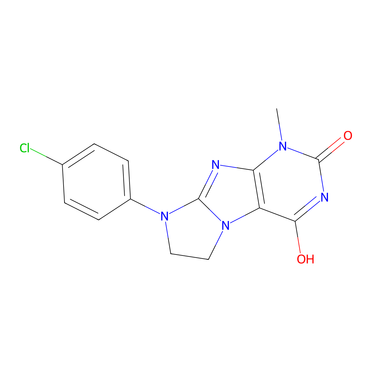 8-(4-Chlorophenyl)-1-methyl-1,3,5-trihydroimidazolidino[1,2-h]purine-2,4-dione molecular structure, CAS 838900-69-9