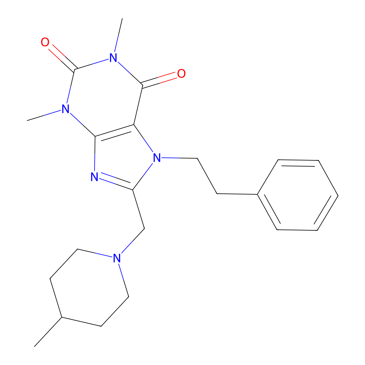 1,3-dimethyl-8-[(4-methylpiperidin-1-yl)methyl]-7-(2-phenylethyl)-3,7-dihydro-1H-purine-2,6-dione molecular structure, CAS 838901-40-9