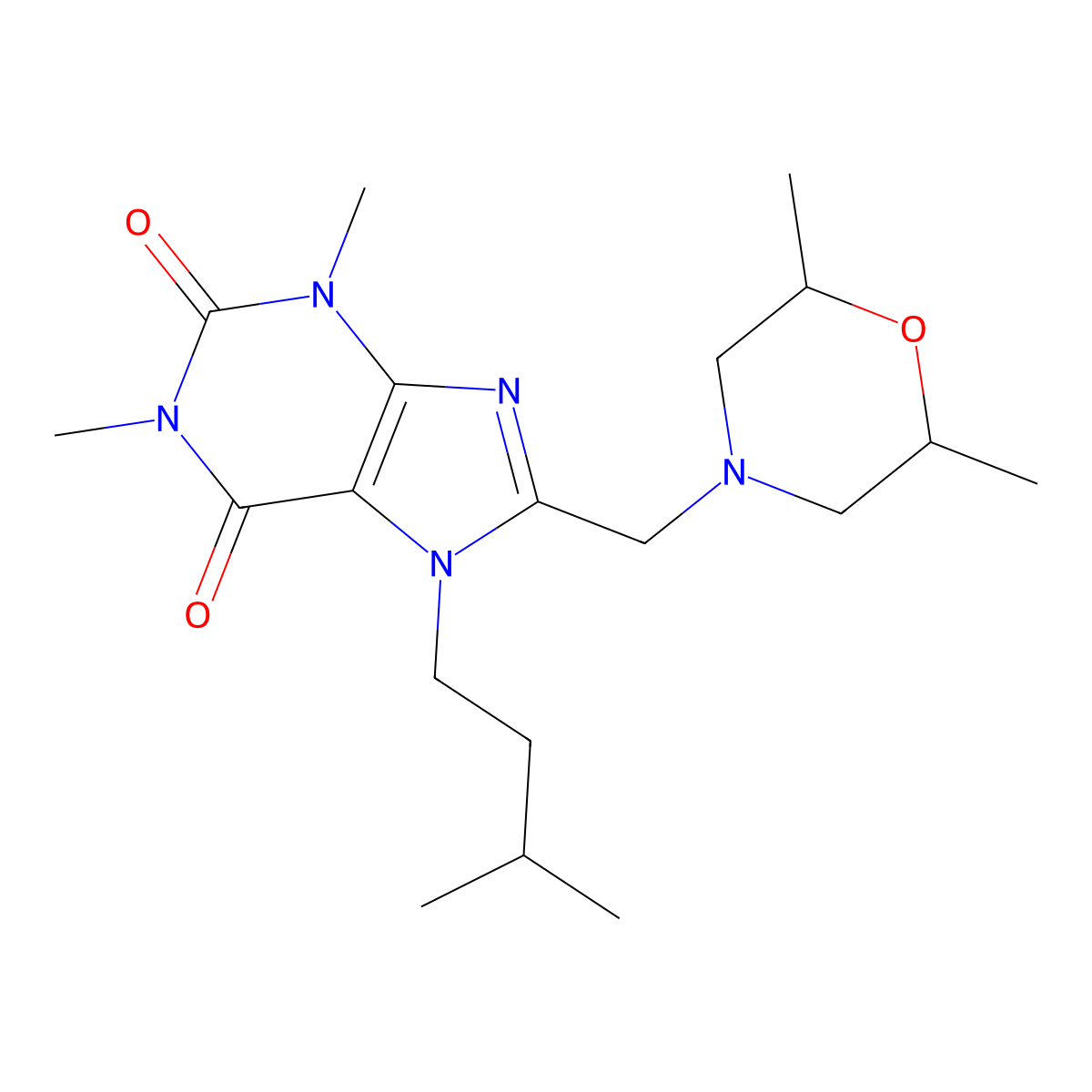 8-[(2,6-dimethylmorpholin-4-yl)methyl]-1,3-dimethyl-7-(3-methylbutyl)-3,7-dihydro-1H-purine-2,6-dione molecular structure, CAS 838905-06-9