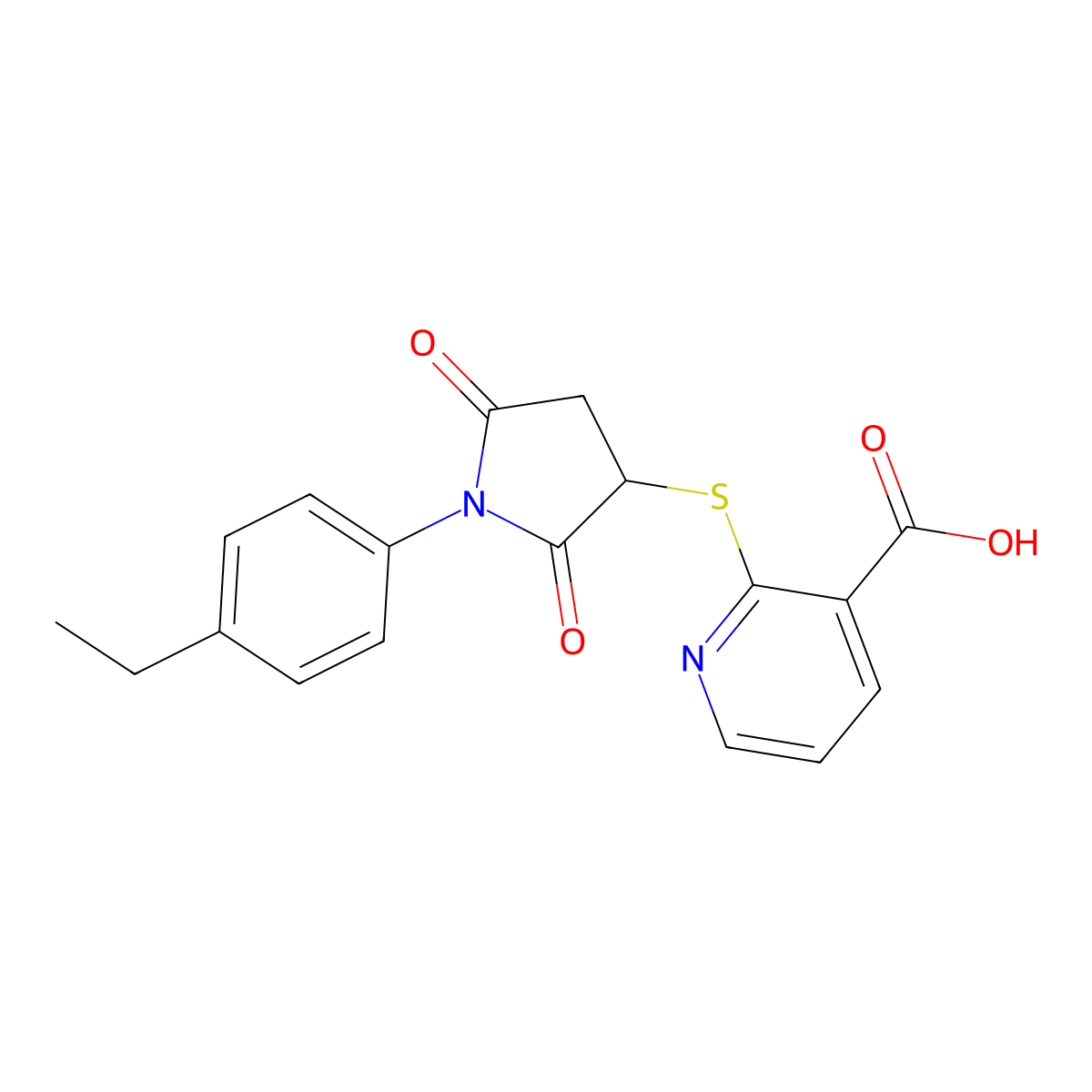 2-((1-(4-Ethylphenyl)-2,5-dioxopyrrolidin-3-yl)thio)nicotinic acid molecular structure, CAS 838905-98-9