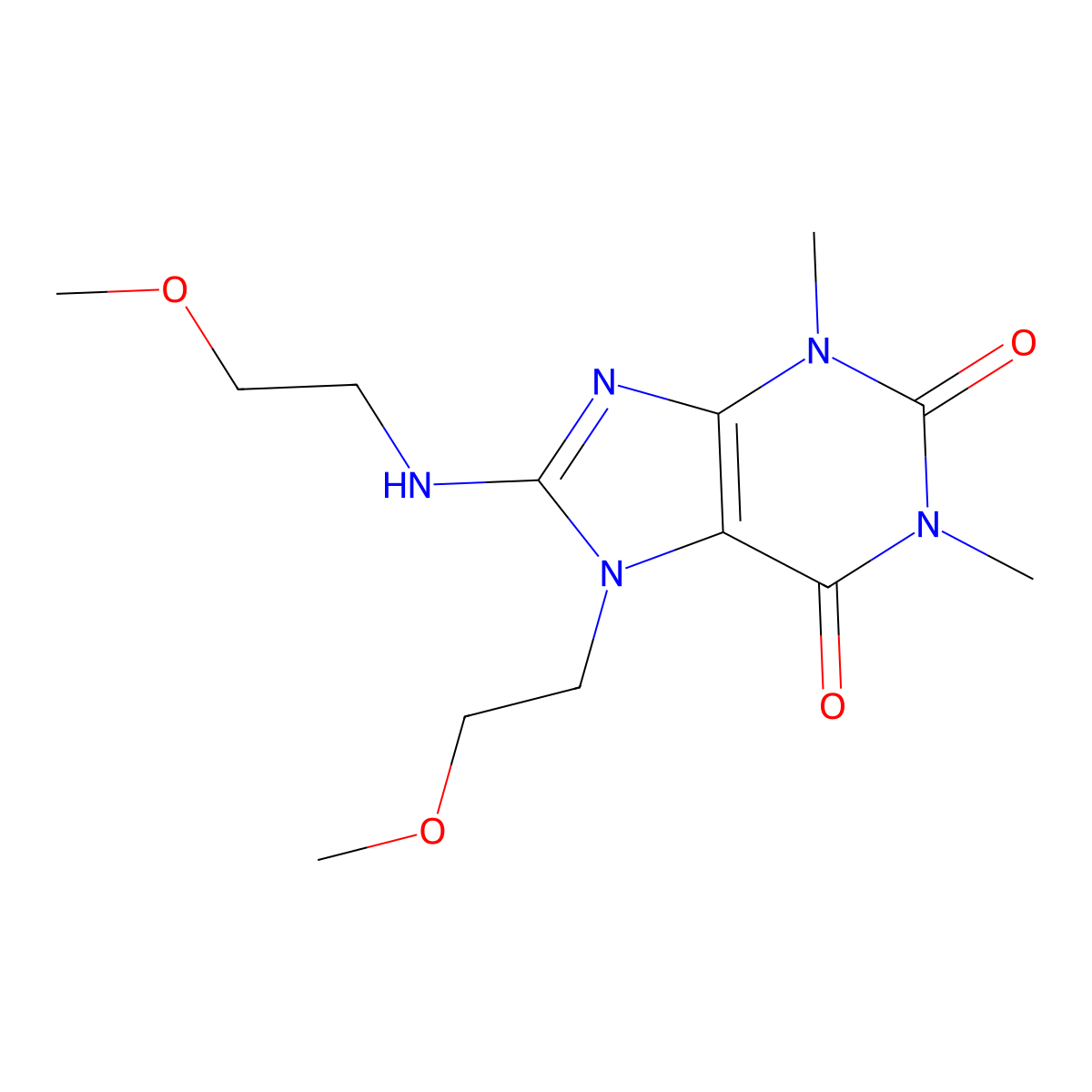 7-(2-methoxyethyl)-8-((2-methoxyethyl)amino)-1,3-dimethyl-1H-purine-2,6(3H,7H)-dione molecular structure, CAS 838906-16-4