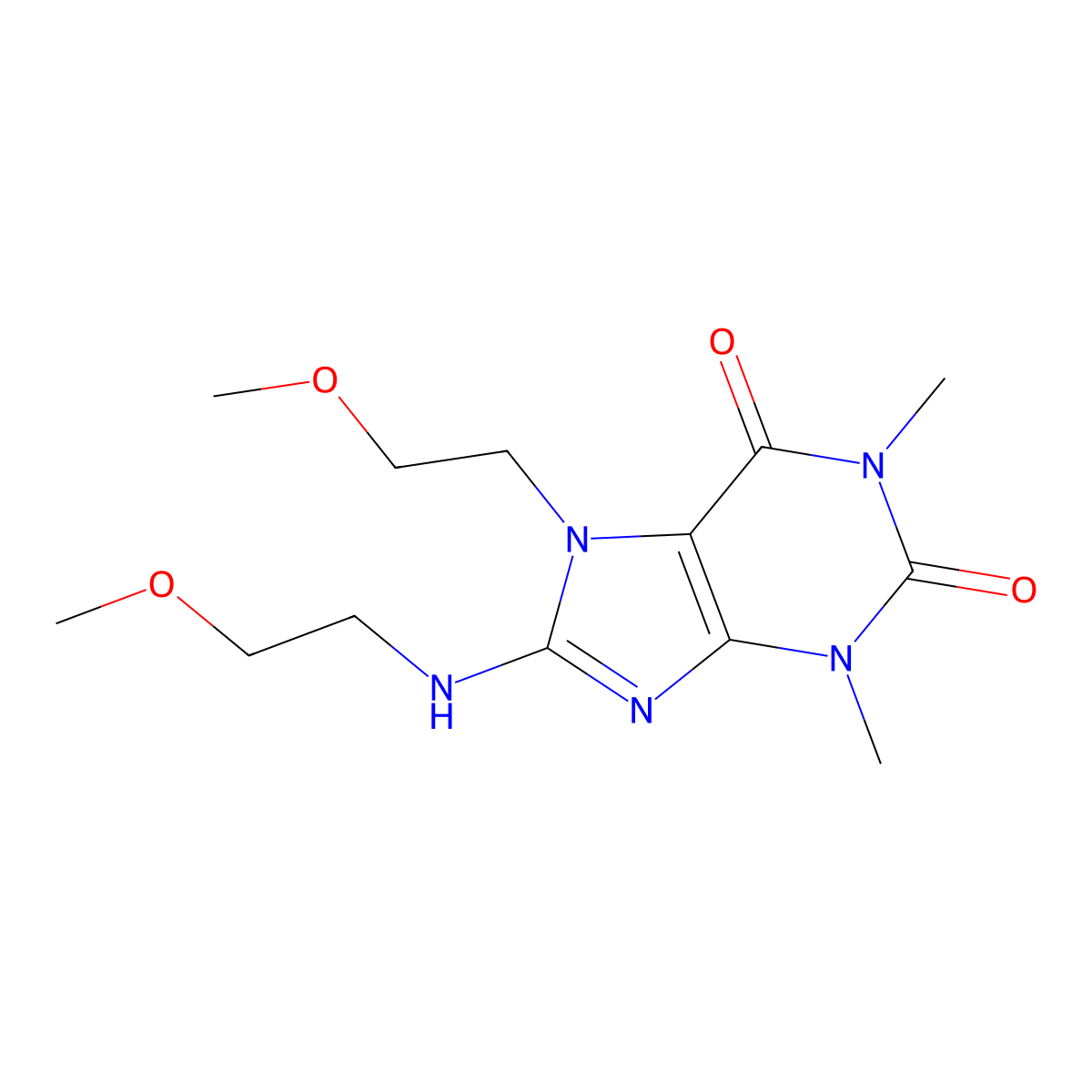7-(2-methoxyethyl)-8-((2-methoxyethyl)amino)-1,3-dimethyl-1H-purine-2,6(3H,7H)-dione molecular structure, CAS 838906-16-4