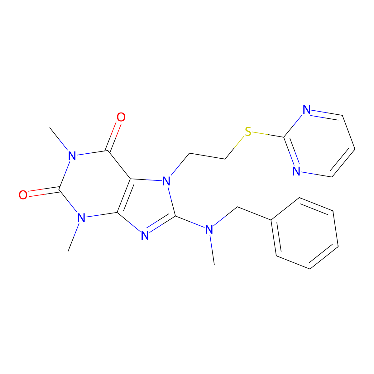 1,3-Dimethyl-8-[methyl-(phenylmethyl)amino]-7-[2-(2-pyrimidinylthio)ethyl]purine-2,6-dione molecular structure, CAS 839680-99-8