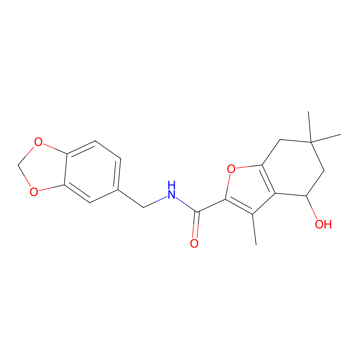 N-(1,3-benzodioxol-5-ylmethyl)-4-hydroxy-3,6,6-trimethyl-4,5,6,7-tetrahydro-1-benzofuran-2-carboxamide molecular structure, CAS 839682-74-5