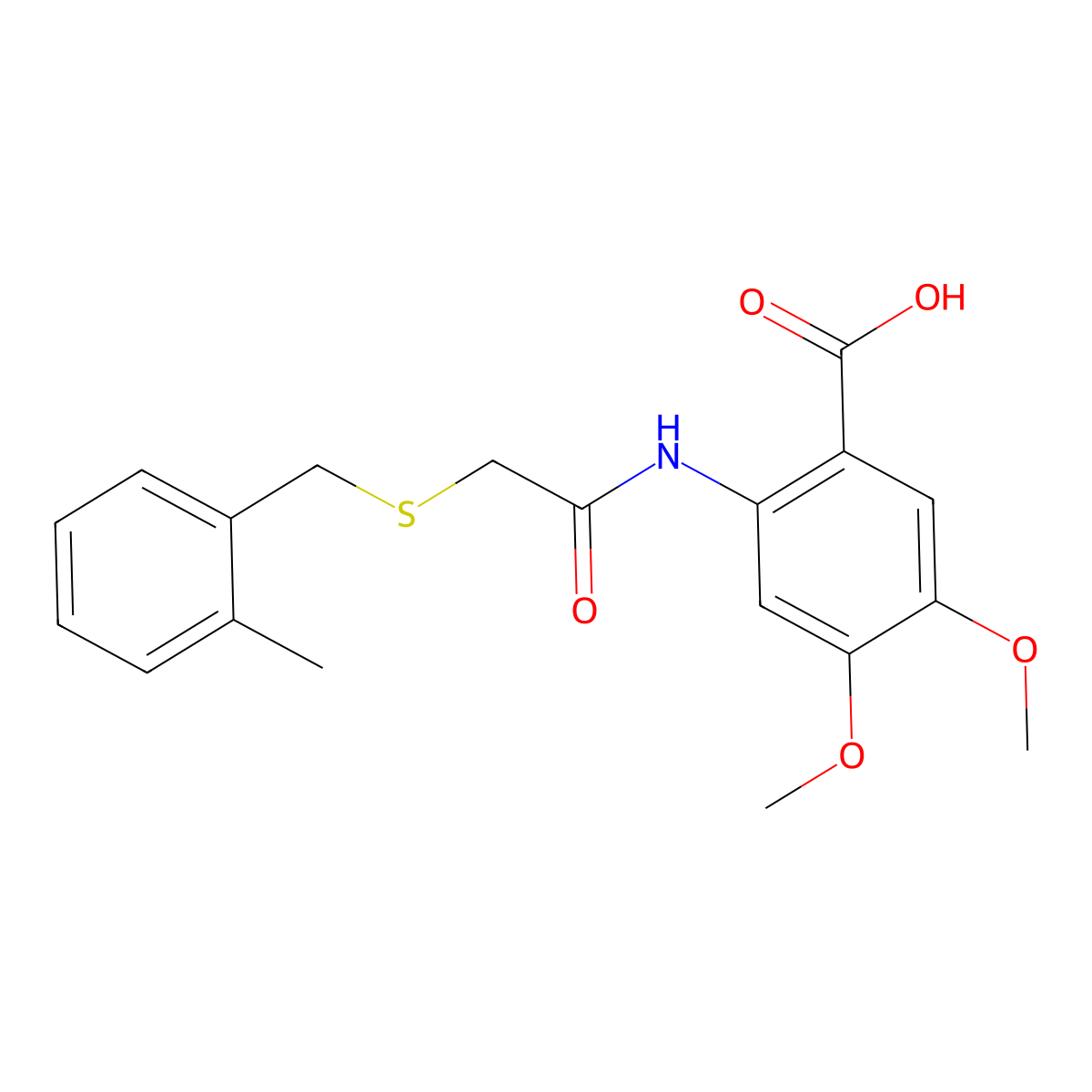 4,5-Dimethoxy-2-({[(2-methylbenzyl)sulfanyl]acetyl}amino)benzoic acid molecular structure, CAS 839687-50-2