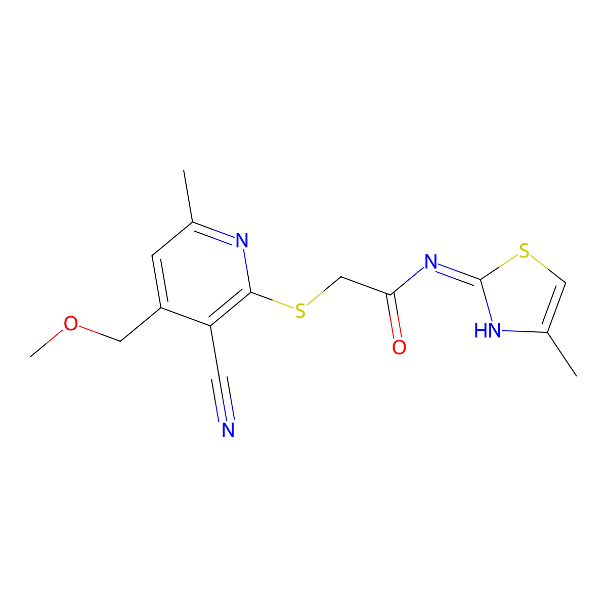 2-{[3-cyano-4-(methoxymethyl)-6-methylpyridin-2-yl]sulfanyl}-N-(4-methyl-1,3-thiazol-2-yl)acetamide molecular structure, CAS 839689-02-0