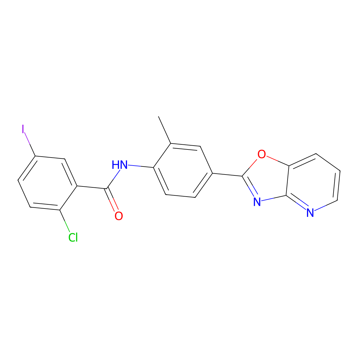 2-chloro-5-iodo-N-[2-methyl-4-([1,3]oxazolo[4,5-b]pyridin-2-yl)phenyl]benzamide molecular structure, CAS 839695-35-1