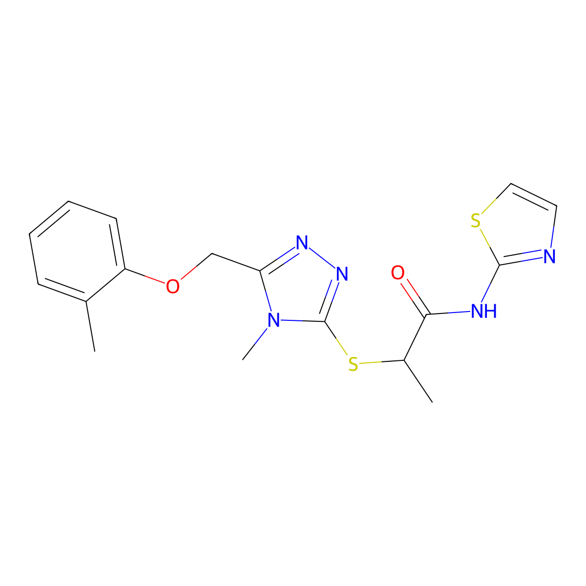 2-({4-methyl-5-[(2-methylphenoxy)methyl]-4H-1,2,4-triazol-3-yl}sulfanyl)-N-(1,3-thiazol-2-yl)propanamide molecular structure, CAS 839696-40-1
