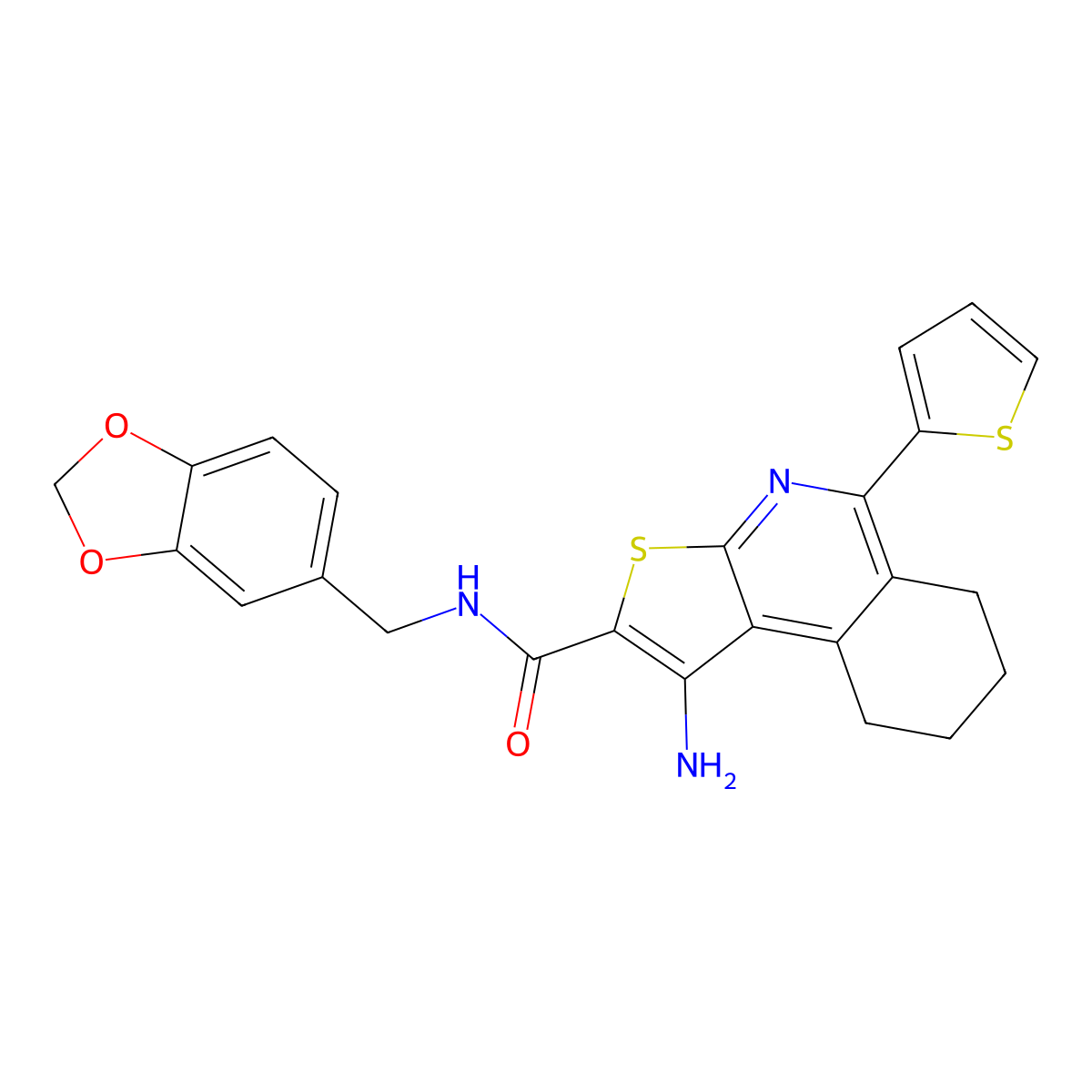 1-amino-N-(1,3-benzodioxol-5-ylmethyl)-5-(thiophen-2-yl)-6,7,8,9-tetrahydrothieno[2,3-c]isoquinoline-2-carboxamide molecular structure, CAS 839700-22-0