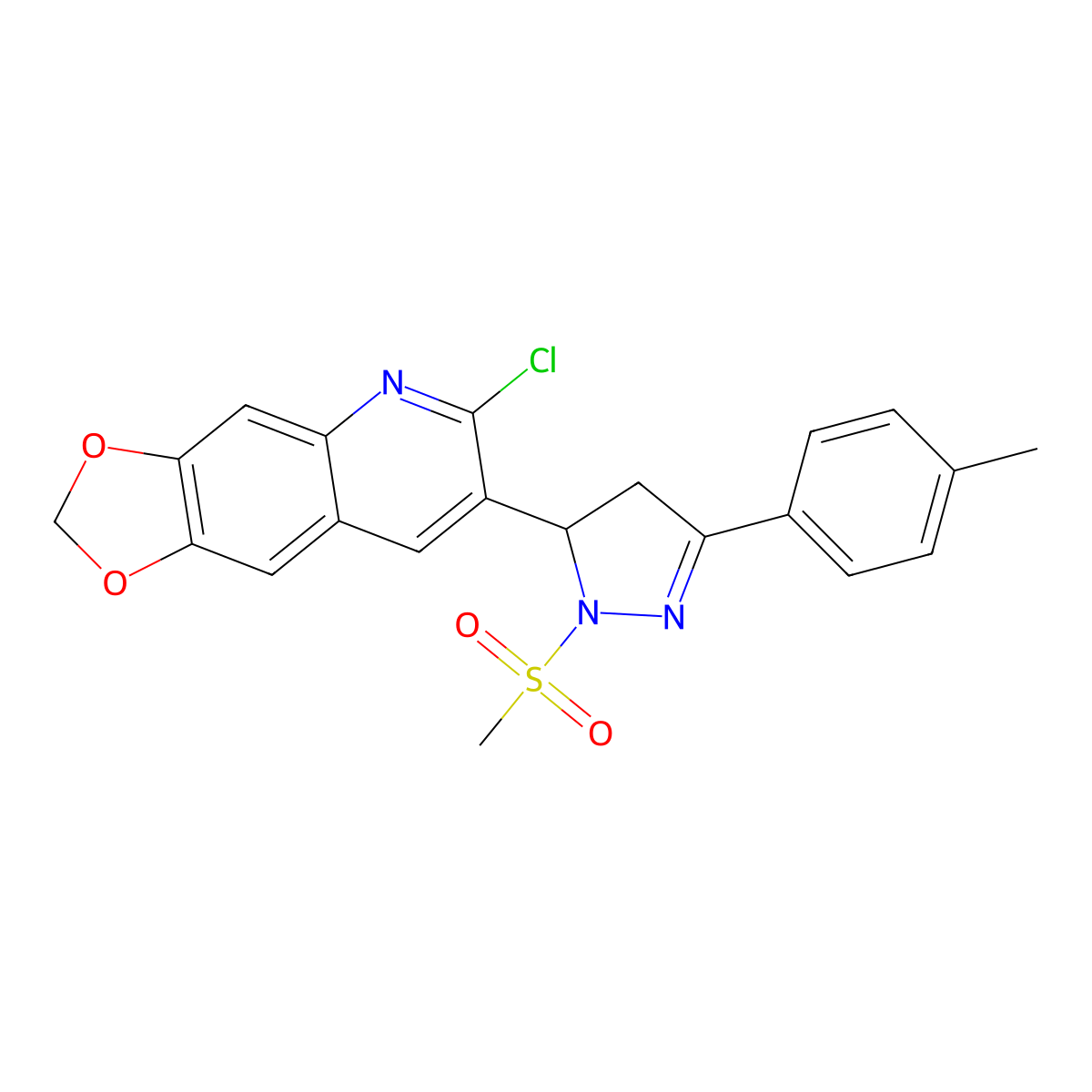 6-chloro-7-(1-(methylsulfonyl)-3-(p-tolyl)-4,5-dihydro-1H-pyrazol-5-yl)-[1,3]dioxolo[4,5-g]quinoline molecular structure, CAS 839704-18-6